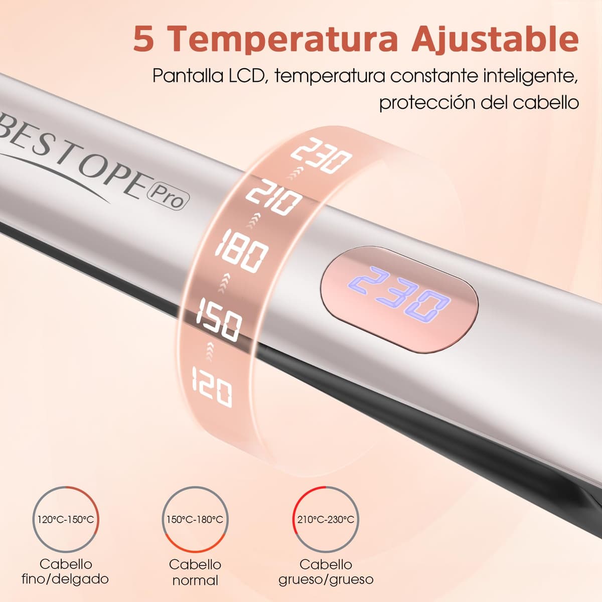 Planchas del Pelo Con Pantalla Digital - Plancha de Pelo Profesional, Tecnología Iónica Anti Frizz, Placas Flotantes Extralargas, Calentamiento Rápido, 5 Ajustes de 120°C a 230°C (Champán) — view 5