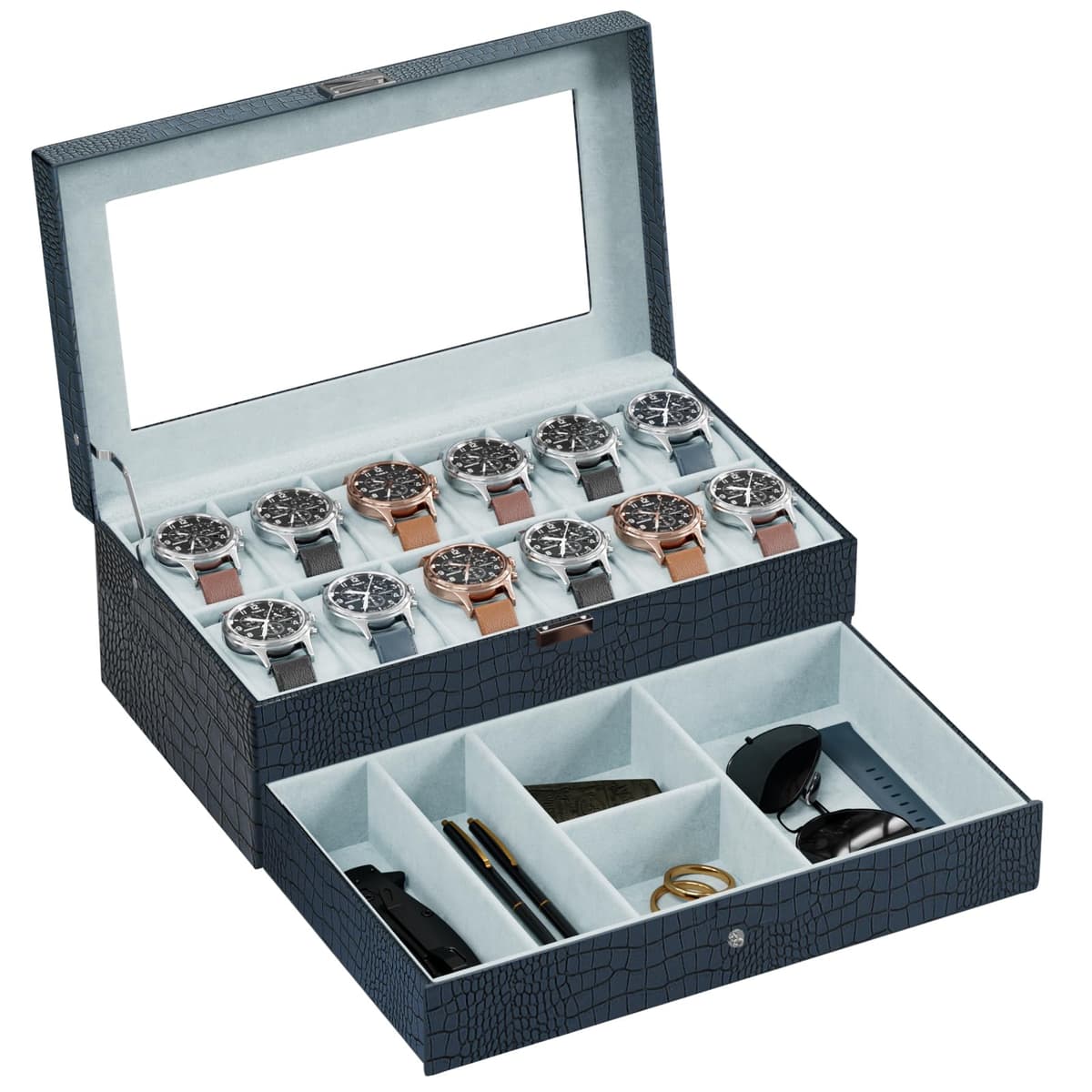 ProCase Caja de Relojes de 6 Ranuras con Cajón, Funda Organizadora de Reloj de 2 capas con Tapa de Cristal, Estuche de Almacenamiento para Hombres y Mujeres -Negro — view 10