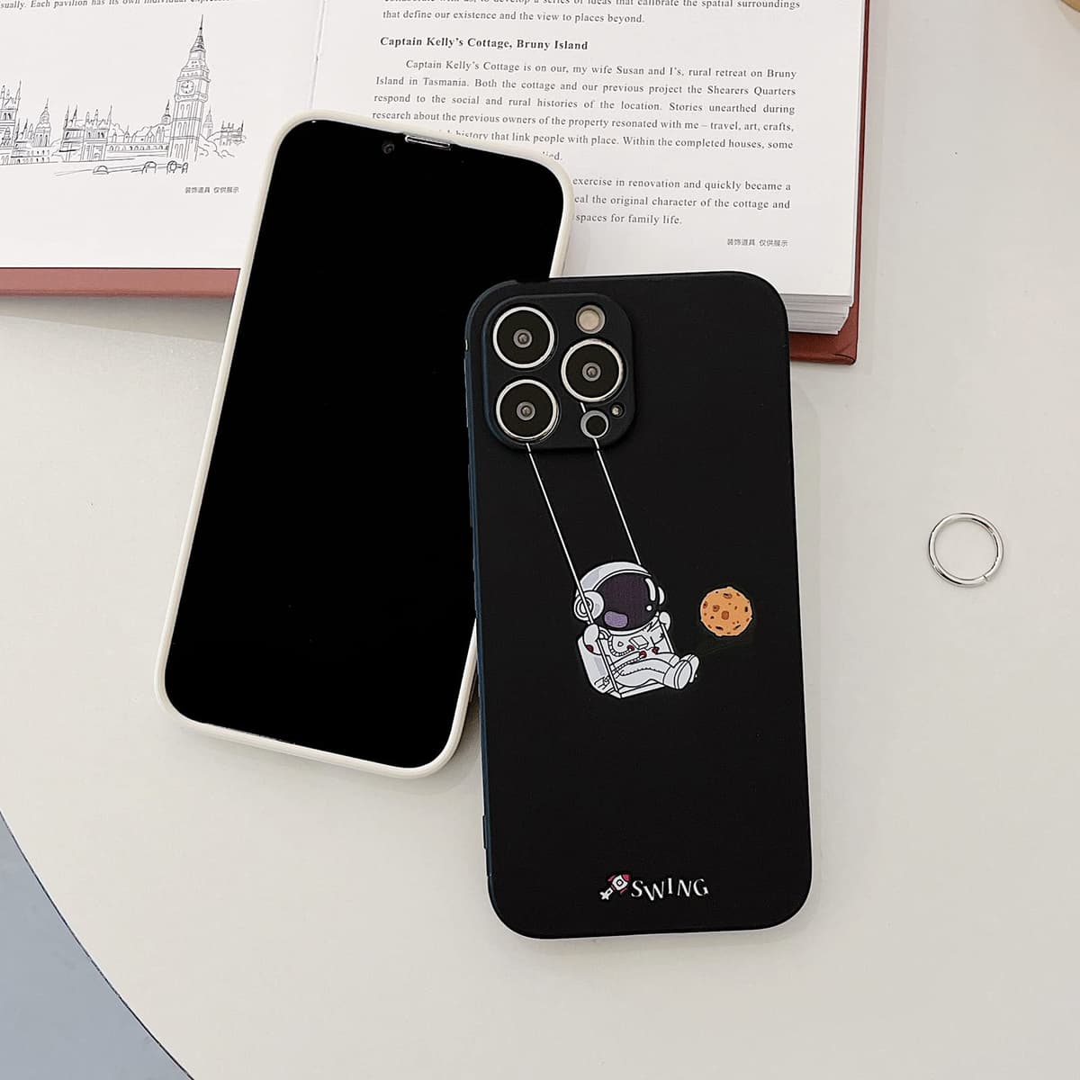 Yonds Queen for iPhone 14 Plus Cute Case, Cool Cartoon Swing Astronaut Planet Moon Space Design Stylish TPU Bumper Shockproof Anti-Slip Protector Fashion Case (Black Planet, iPhone 14 Plus) — view 3