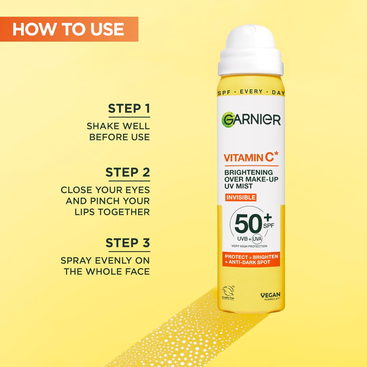 Garnier Vitamin C Brightening Over Make-Up UV Mist, Invisible Protection with SPF50+ and Vitamin C. Protects, Brightens and Fights Appearance of Dark Spots, Cruelty free, Vegan - 75ML — view 5