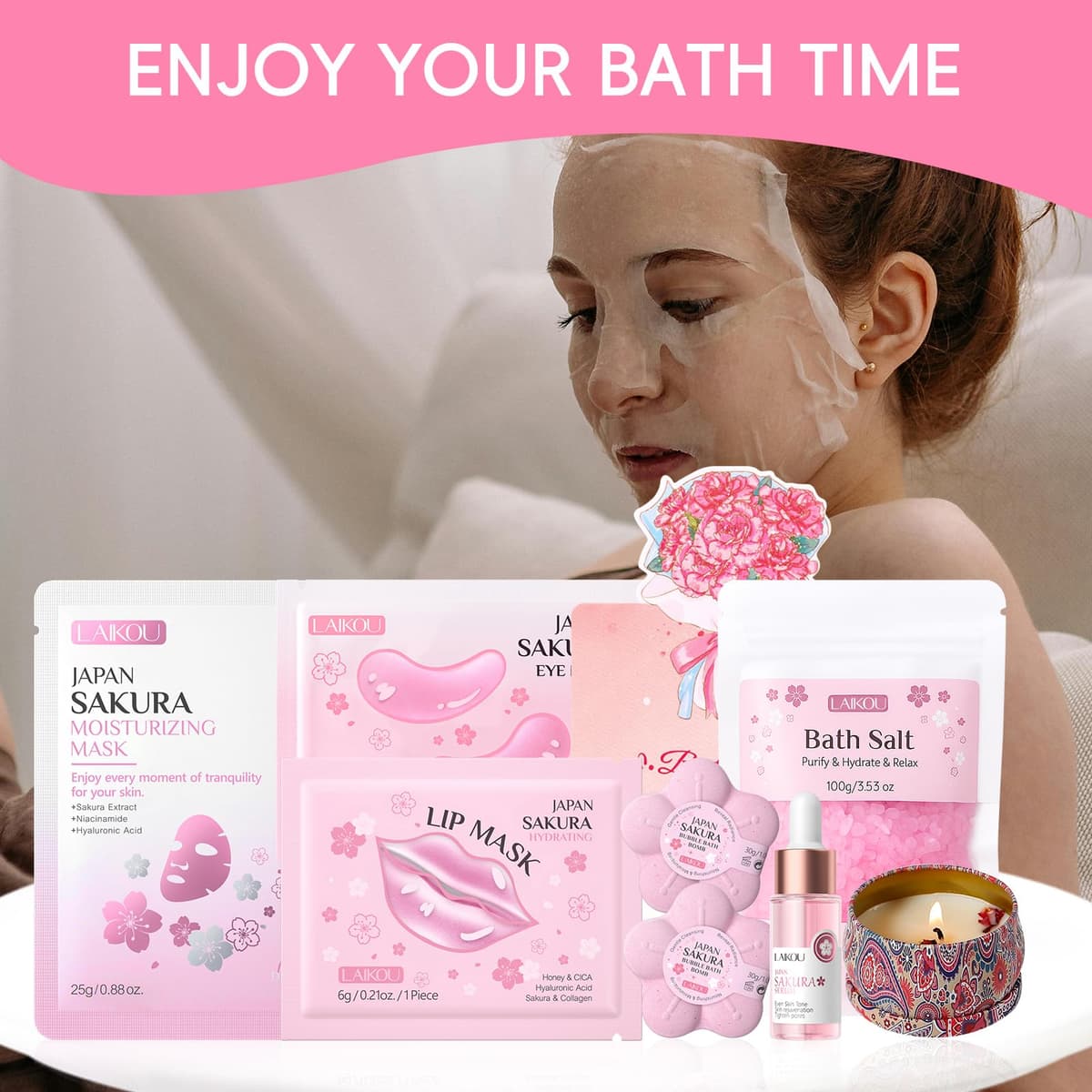 LAIKOU Sakura Women's Spa Relax Gift Set, 8 Pieces Personal Care for Women Gift, Serum, Masks, Scented Candle, Bath Salts and Pump, Gifts for Birthdays, Christmas, Valentine's Day — view 3