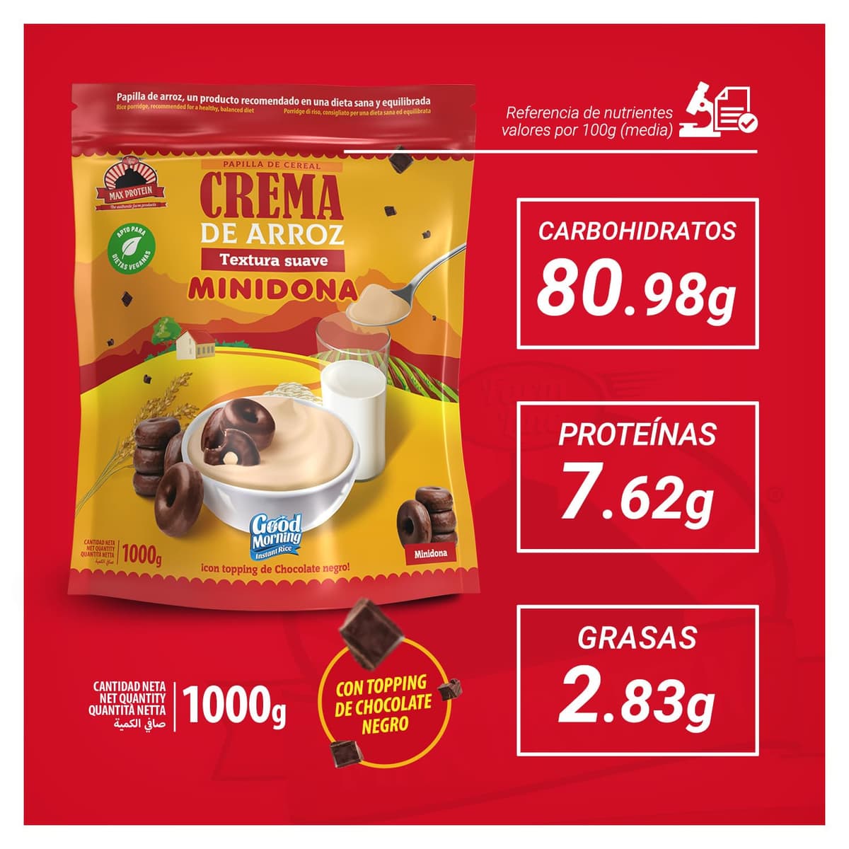 MAX PROTEIN - Crema de Arroz - Crema de Arroz Fitness 1000g – Fuente de Carbohidratos de Máxima Calidad para Masa Muscular – Ideal Pre Entreno y Post Entreno – Vegana y Sin Lactosa – Minidona — view 3