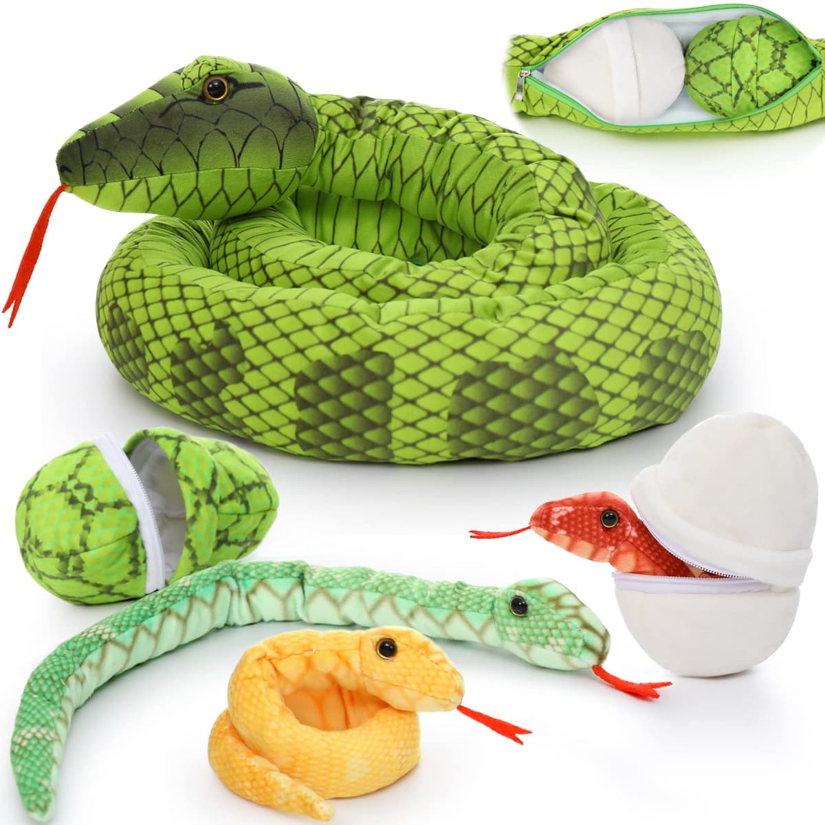 MorisMos Giant Snake Teddy Stuffed Animal, 200cm Green Mom Snake Plush with kawaii Baby Inside, Cuddly Big Soft Toy Large Fluffy Gift for Kids Birthday Valentines Deco