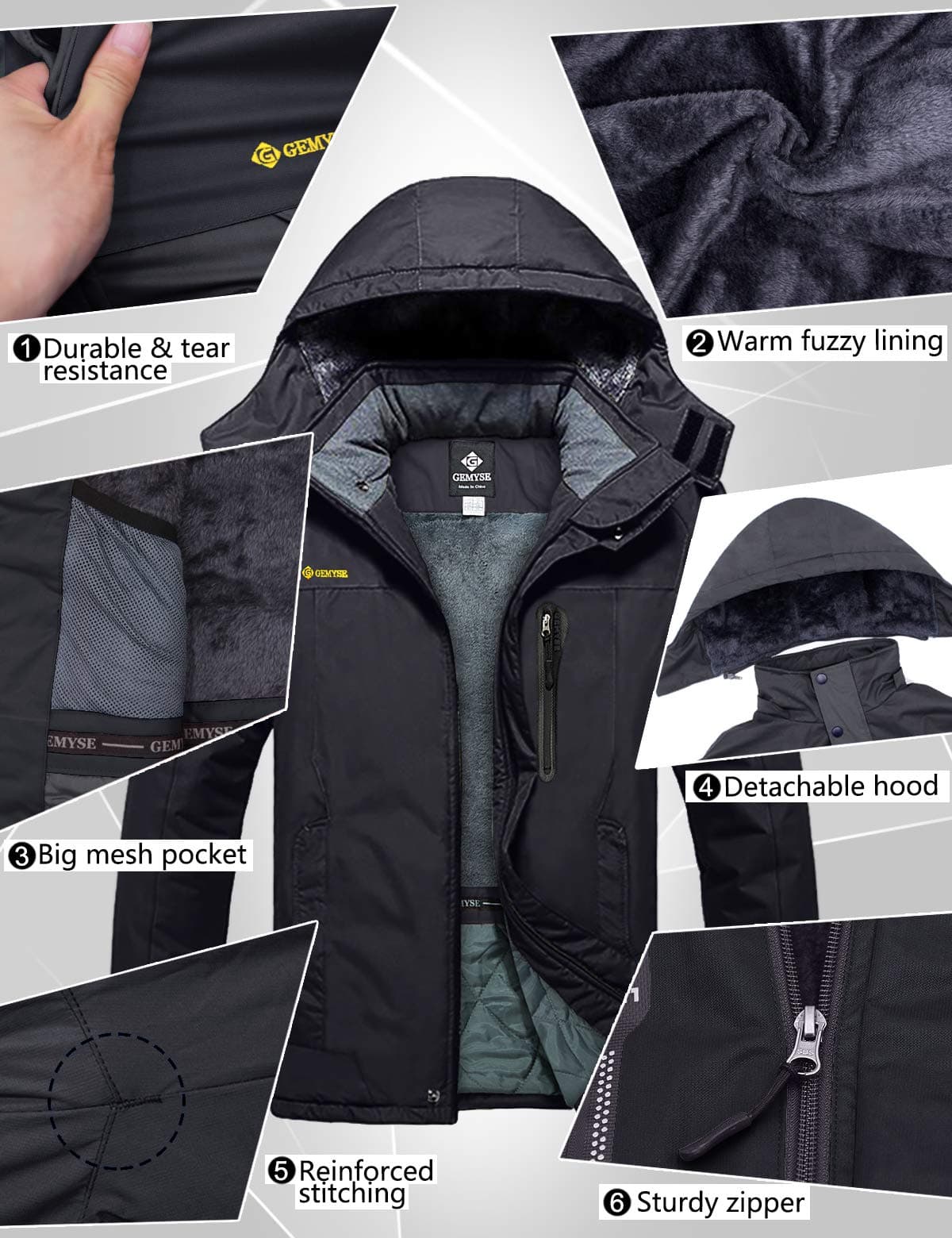 GEMYSE Chaqueta esquí hombre Chaqueta invierno cortaviento con capucha Chaqueta snowboard impermeable Chaqueta outdoor forrada Chaqueta funcional — view 7