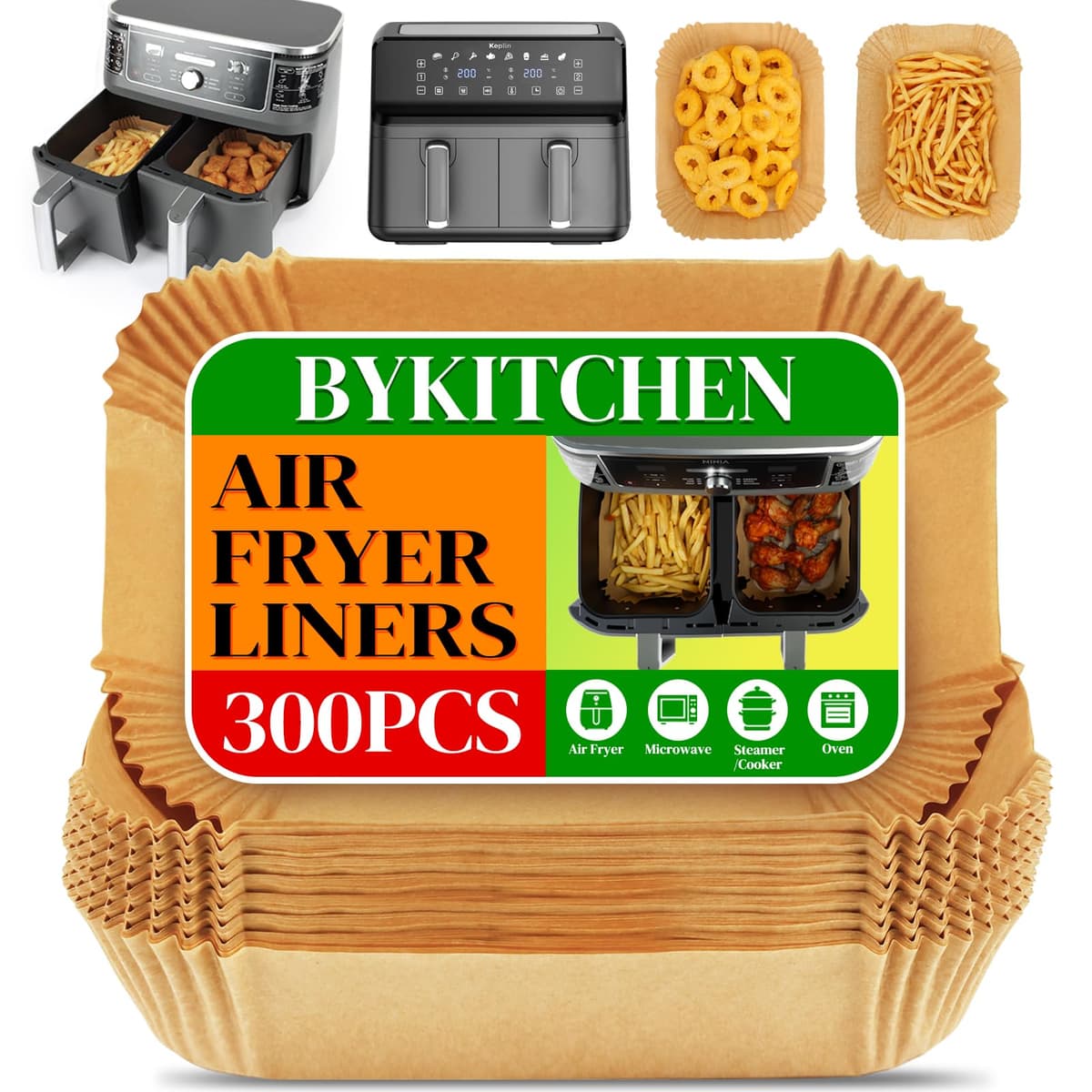 BYKITCHEN 100pcs Air Fryer Liners for Ninja Dual, Air Fryer AF300UK AF400UK Accessories, Disposable Parchment Paper Liner, Compatible with Ninja, Salter, Tower and Other Dual Zone Air Fryer — view 9