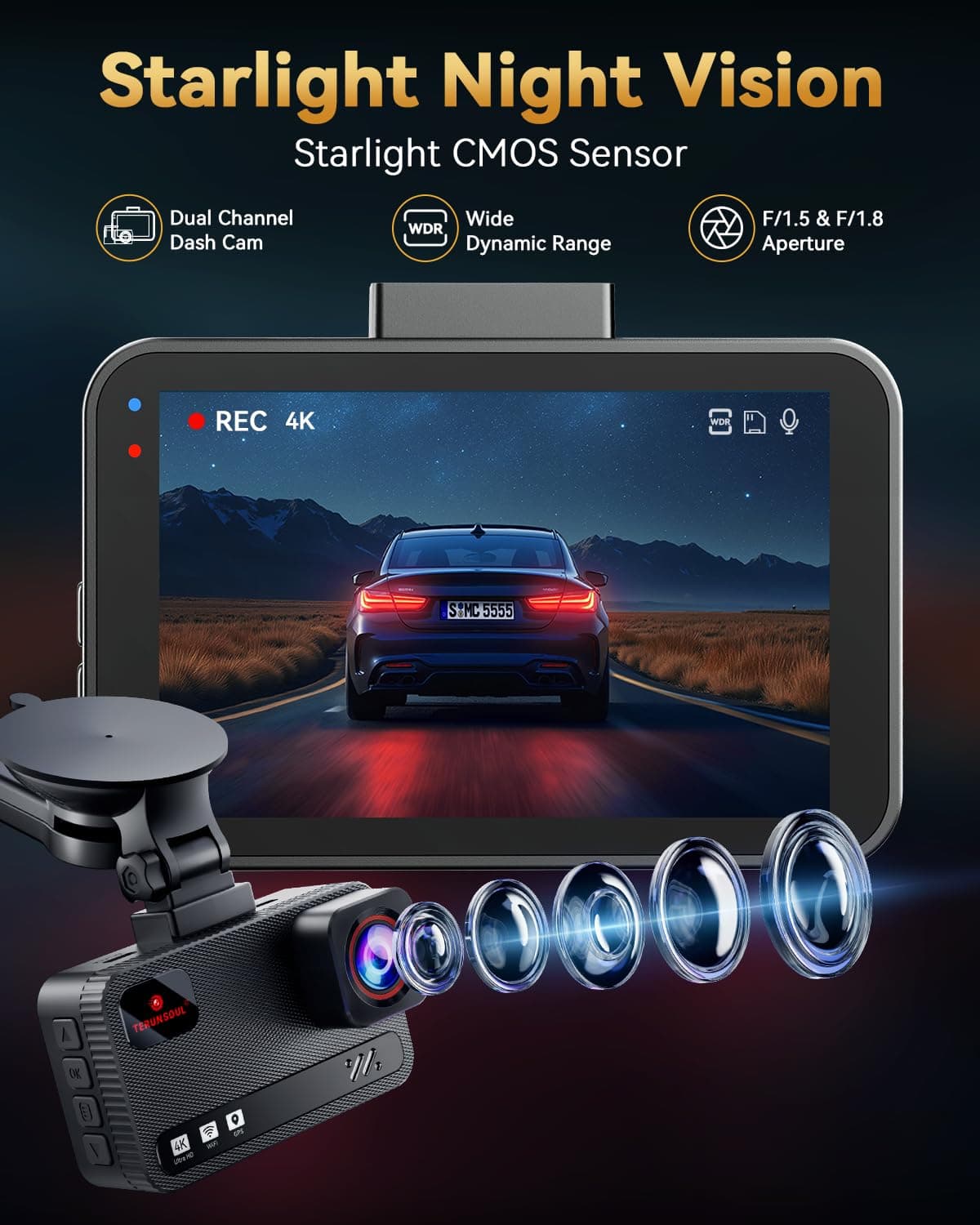 TERUNSOUl 4K+4K Dash Cam Front and Rear, Free 128GB Card Included, 5.8GHz WiFi Dash Camera for Cars, Built-in GPS, G-Sensor, 170°Wide Angle, 3" IPS Screen, 24H Parking Mode, Support 512GB Max — view 3