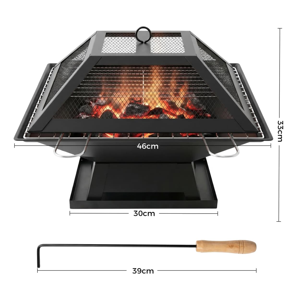 Square Fire Pit with BBQ Grill, Metal Fire Pit BBQ with Mesh Lid & Poker, Outdoor Garden Patio Heater Firepit, Sturdy and Durable Iron Construction - Great for Camping, Picnics or the Garden — view 2