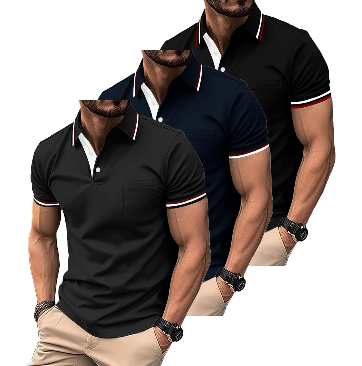 ZITY Polo para Hombre Paquete de 3 Polo Manga Corta Camiseta Golf Trabajo Transpirable Camiseta Informal con Bolsillo Verano Tres Piezas T Shirt para Vacaciones — view 10