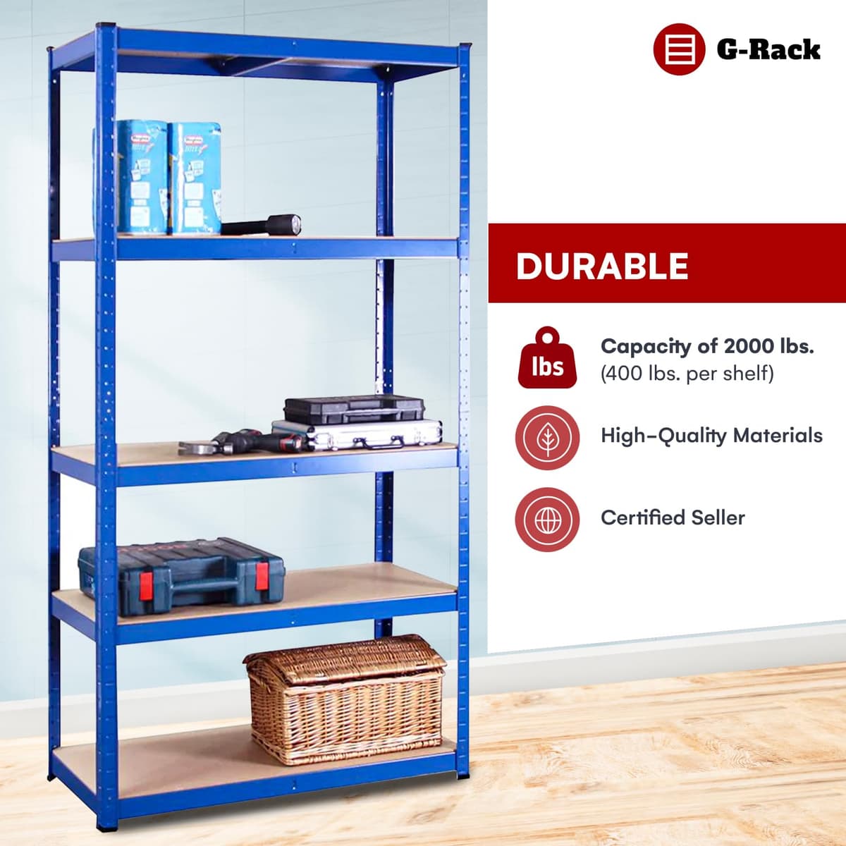 Estante de Almacenamiento para Garaje: 180 cm x 90 cm x 30 cm | Azul - 5 Estantes | 175 kg de Carga Cada balda (Capacidad para 875 kg) | Estantería para Garaje Muy Resistente - 5 Años de Garantía — view 7