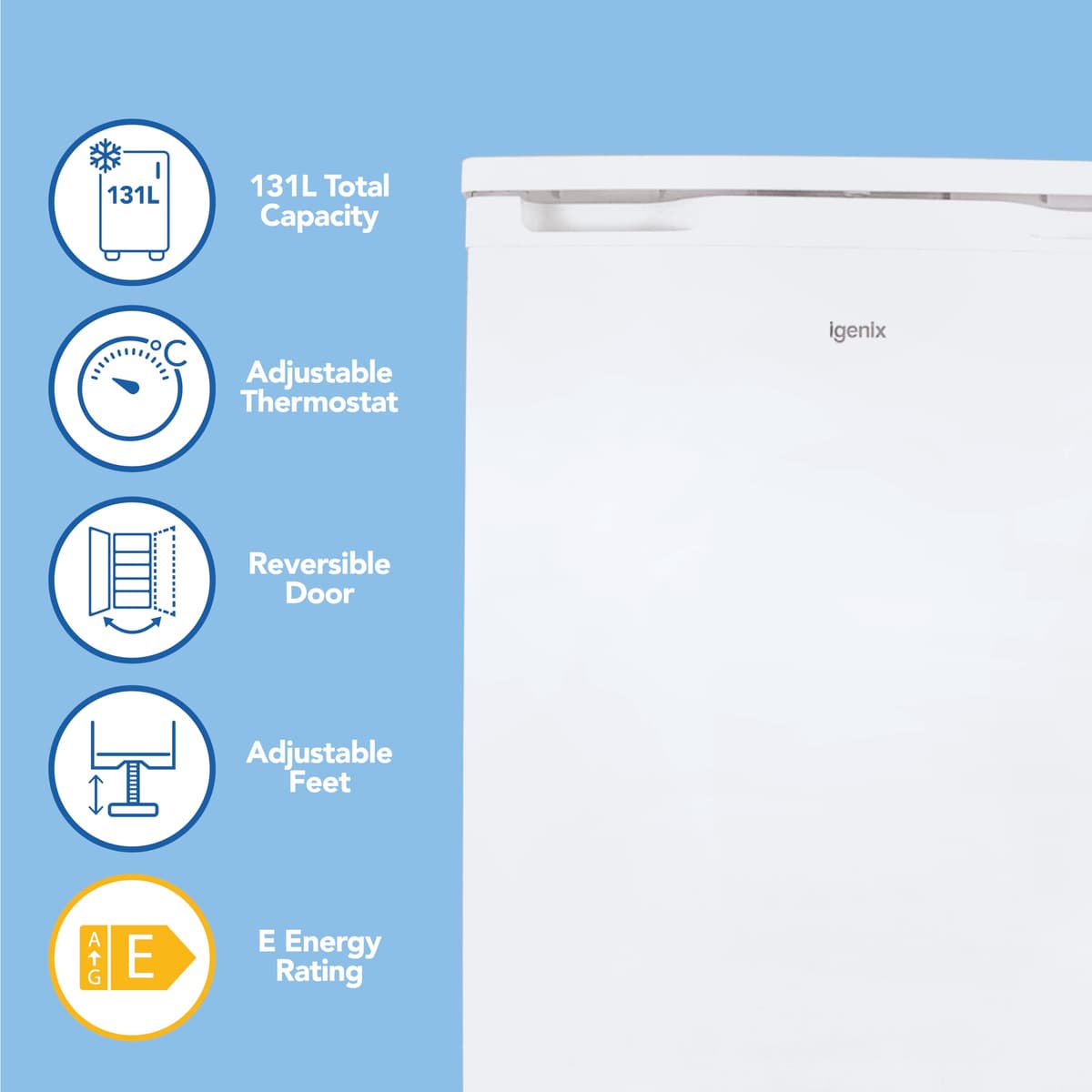 Igenix IG255W Freestanding Under Counter Larder Fridge with 2 Adjustable Glass Shelves, 1 Salad Drawer with Shelf On Top, Reversible Door, 131 Litre Capacity, 55 cm Wide, White — view 3
