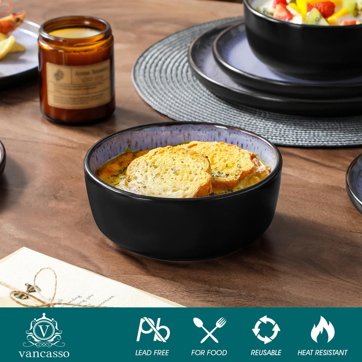 vancasso Amber 24 Pieces Dinner Set for 6, Reactive Glaze Stoneware Plates and Bowls Set, Purple Crockery Set with Dinner Plates, Dessert Plates, Soup Bowls & Cereal Bowls, Microwave & Dishwasher Safe — view 4