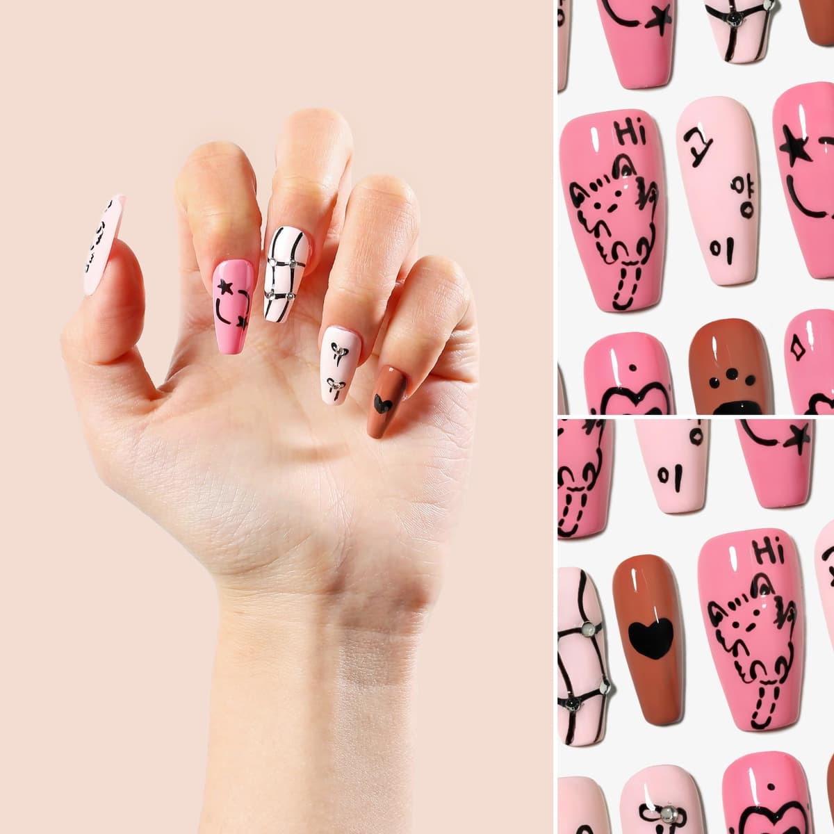 Sun&Beam Nails Handmade Press On Nail Long Coffin Ballerina Pink Flower Acrylic Fake Tip 3D Design Art Charms Cute with Storage Box 10 Pcs (S) — view 95