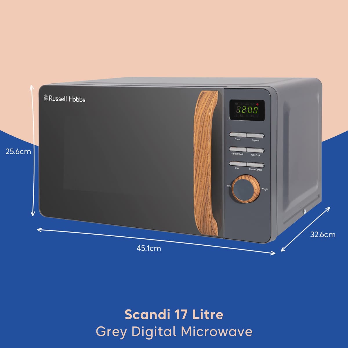 Russell Hobbs RHMD714G 17 L 700 W Scandi Grey Digital Microwave with 5 Power Levels, Wood Effect Handle & Dials, Clock & Timer, Automatic Defrost, Easy Clean, 8 Auto Cook Menus — view 2