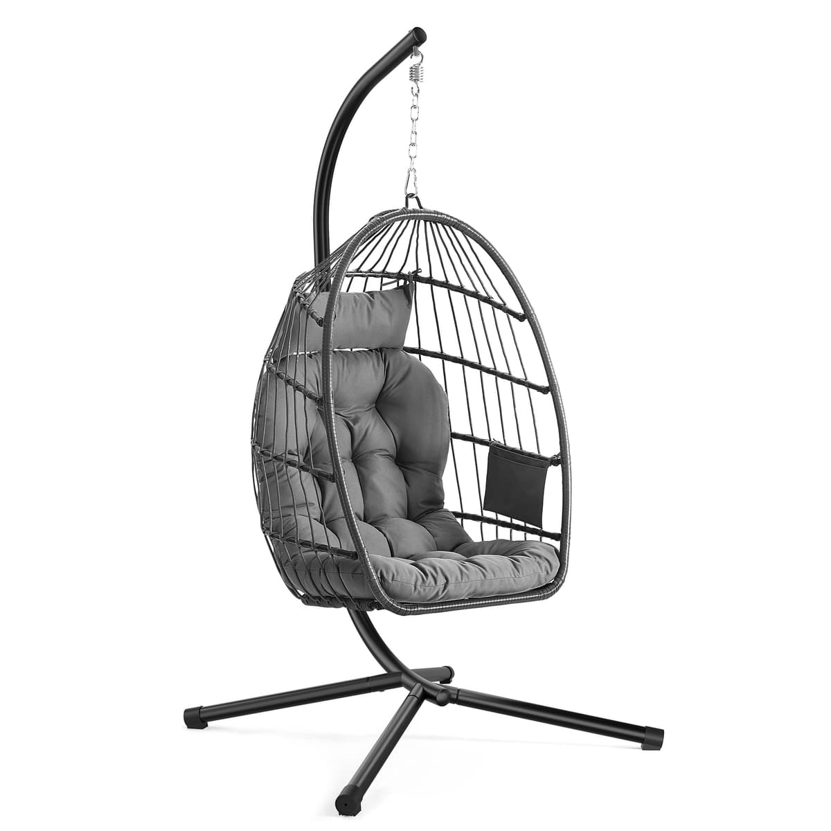 SONGMICS Outdoor Hanging Egg Chair, Foldable Removable Basket, Height-Adjustable Swing Chair, Side Pocket, Cushion, for Living Room, Garden, Balcony, Grey GDC050GZ02