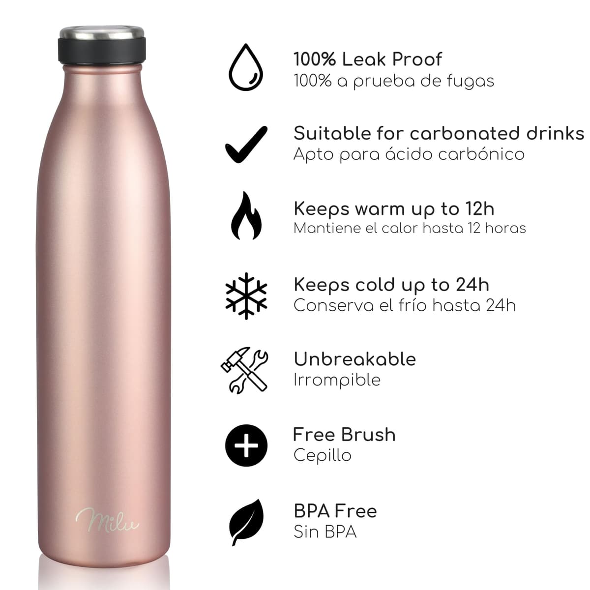 Milu Botella de acero inoxidable de 350ml 500ml 750 ml 1 L 1,5 L botella de agua aislada, termo a prueba de fugas, doble pared, apta para ácido carbónico + cepillo de limpieza (Azul Violeta, 350ml) — view 129