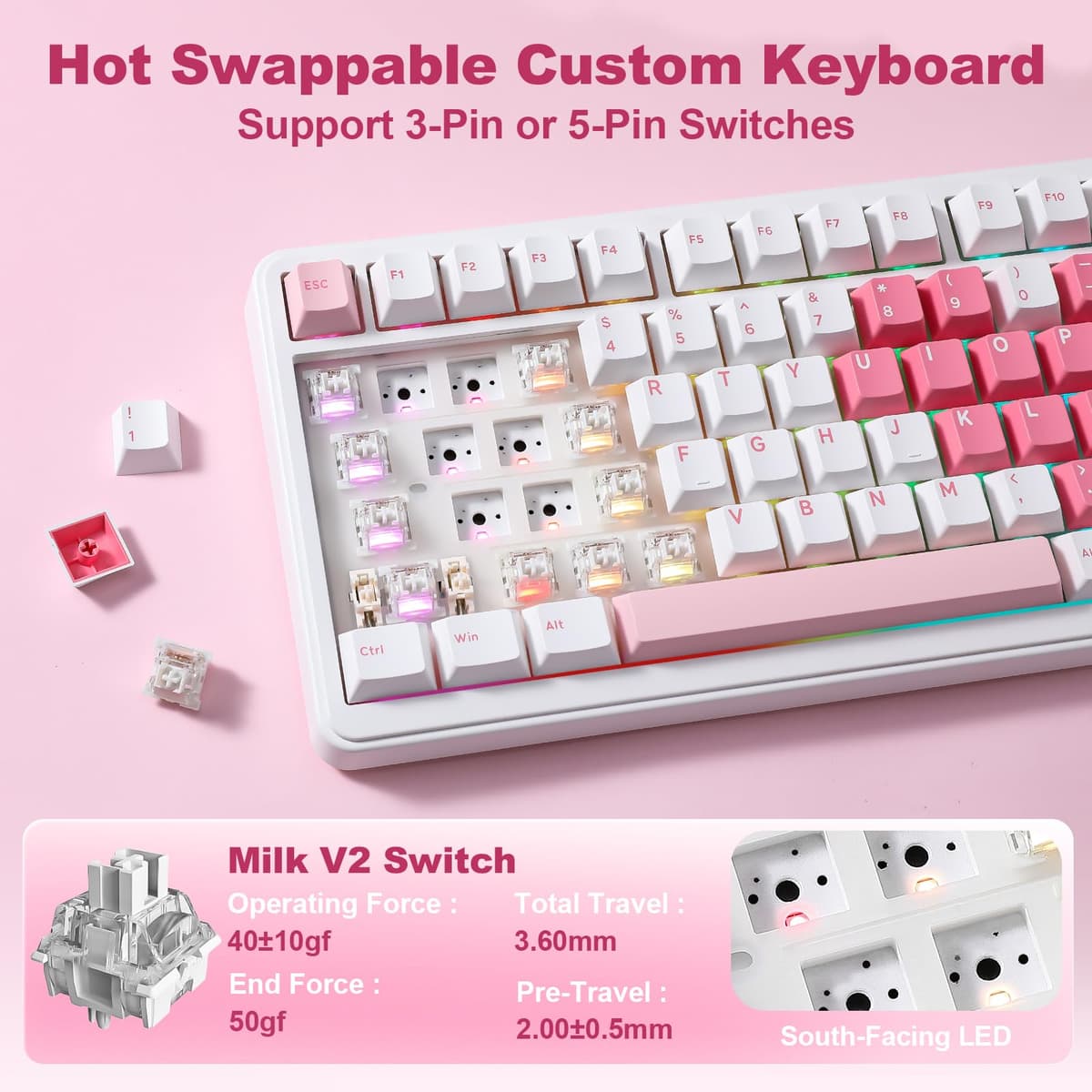 YUNZII B75 Pro MAX Teclado Mecánico Inalámbrico, Diseño 75% con Pantalla TFT y Control Giratorio, Hot Swap, QMK/Via, RGB, BT/USB-C/2,4G para Win/Mac (Corazón Blanco, Milk V2 Switch) — view 5