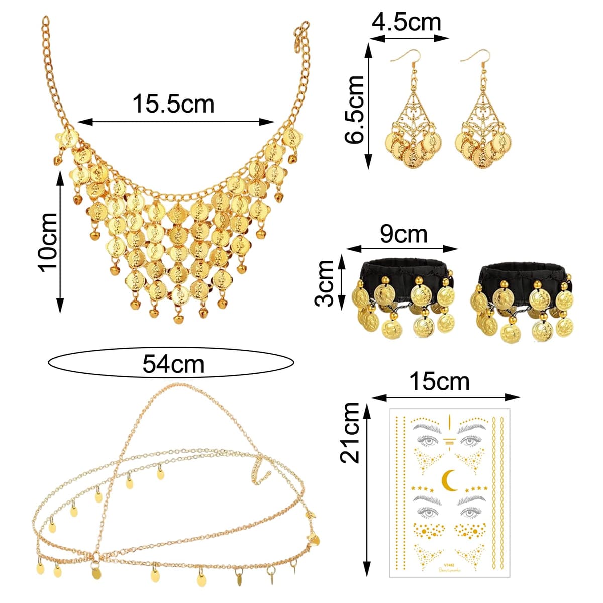 MLPKOI 8 Sets Cinturón de Danza del Vientre, Pañuelo Danza del Vientre Mujer, Pañuelo de Cadera para Espectáculo y Fiesta, con Monedas De Oro Pendientes Collar Pulseras y tocados, Carnaval Disfraces — view 4