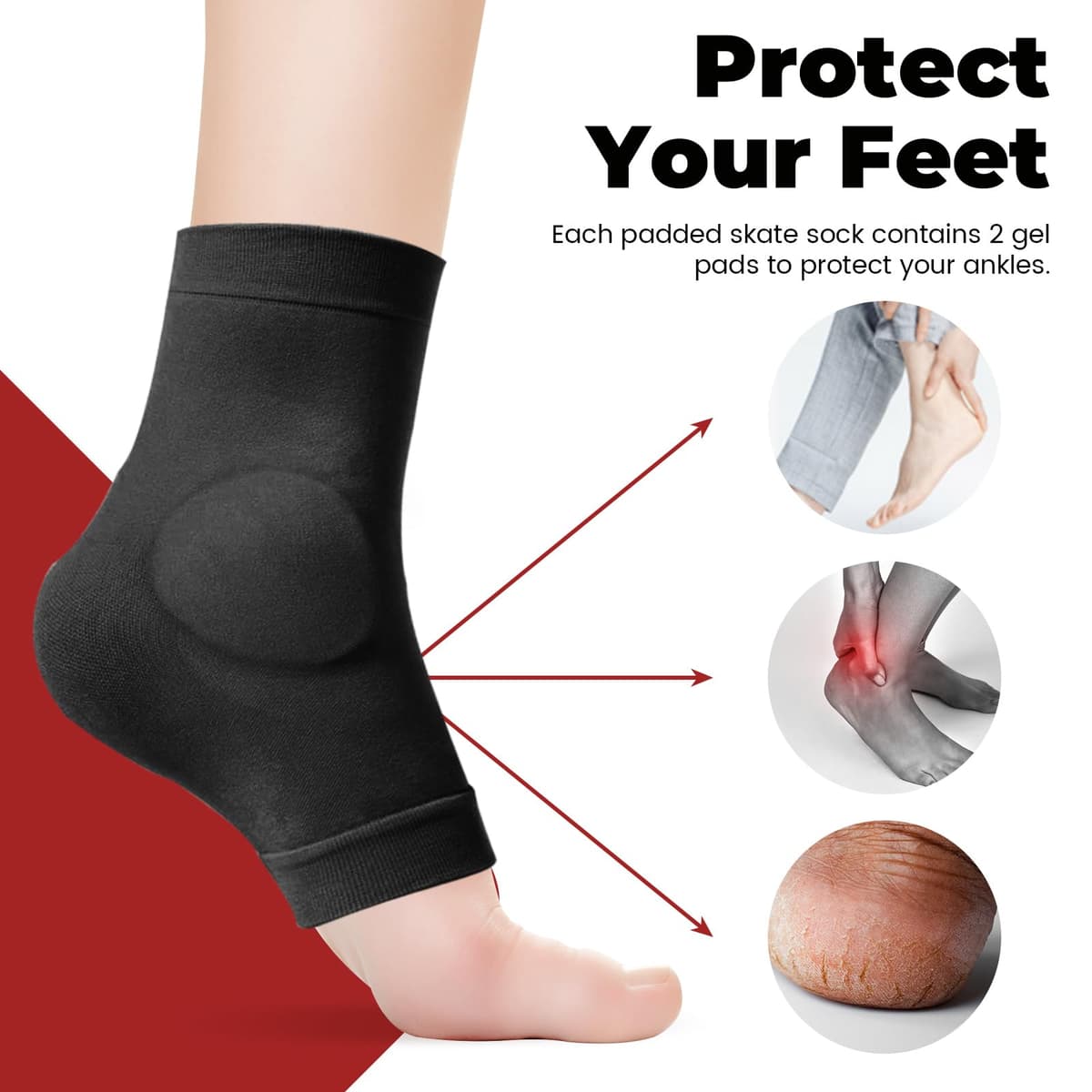 2 pares de calcetines protectores de tobillo con almohadilla de gel, calcetines maleolares acolchados para patinaje artístico, rodillo, esquí, hockey, botas, soporte, cojín de soporte de — view 4