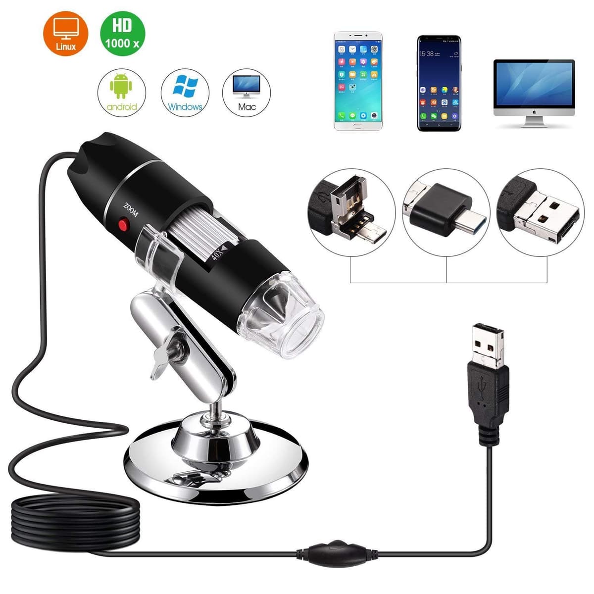 Jiusion 40 A 1000 x endoscopio, 8 LED USB 2.0 Digital Microscopio, Mini cámara con OTG Adaptador y Metal Soporte, Compatible con Mac Windows 7 8 10 11 Android Linux Chrome — view 4