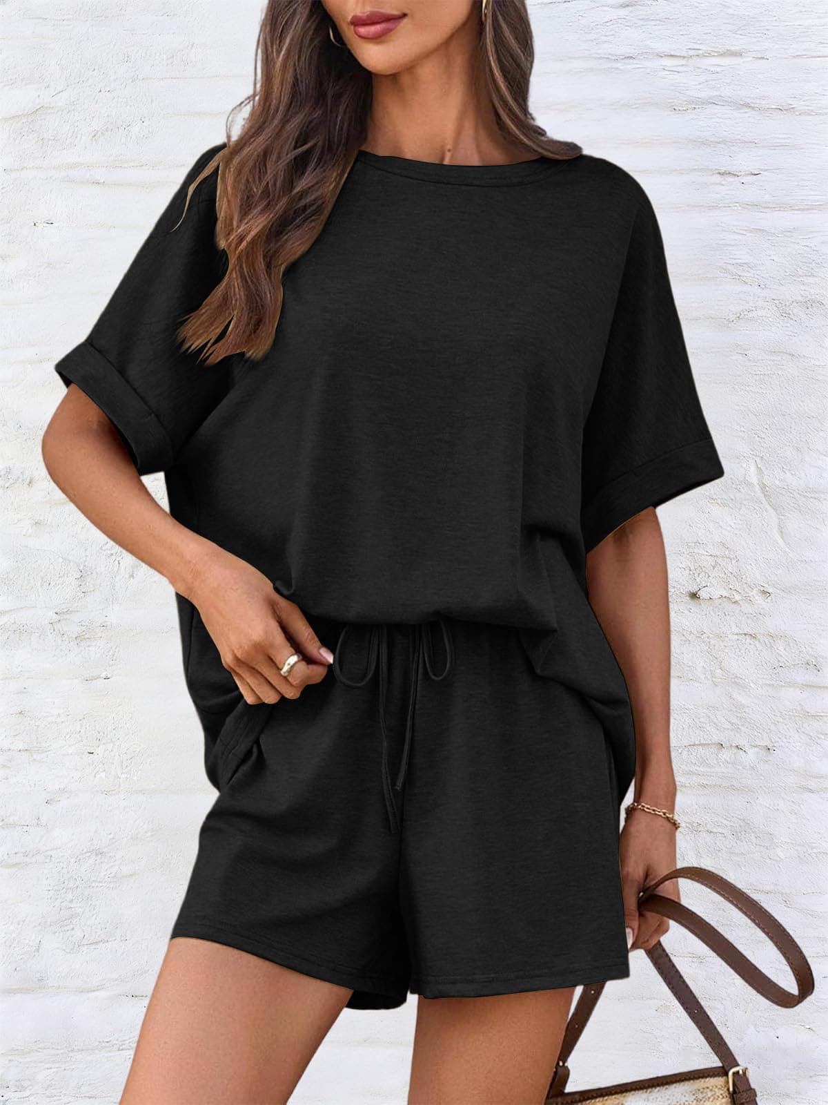 Mujer Conjunto Chándal 2 Piezas De Pantalones Verano Cortos Con Casual De Camiseta Bolsillos Y Cuello Redondo Top，Negro，S — view 2