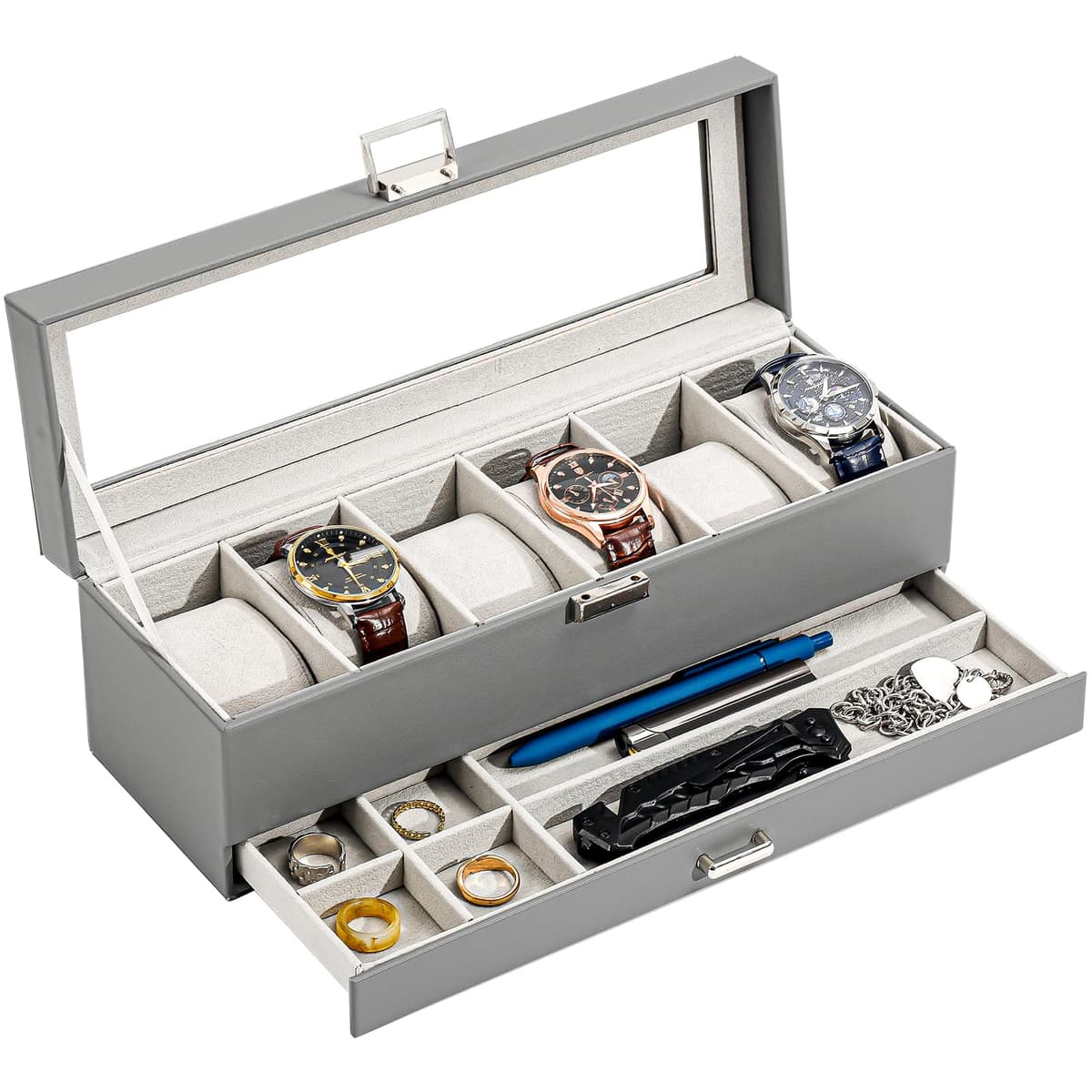 ProCase Caja de Relojes de 6 Ranuras con Cajón, Funda Organizadora de Reloj de 2 capas con Tapa de Cristal, Estuche de Almacenamiento para Hombres y Mujeres -Negro — view 28