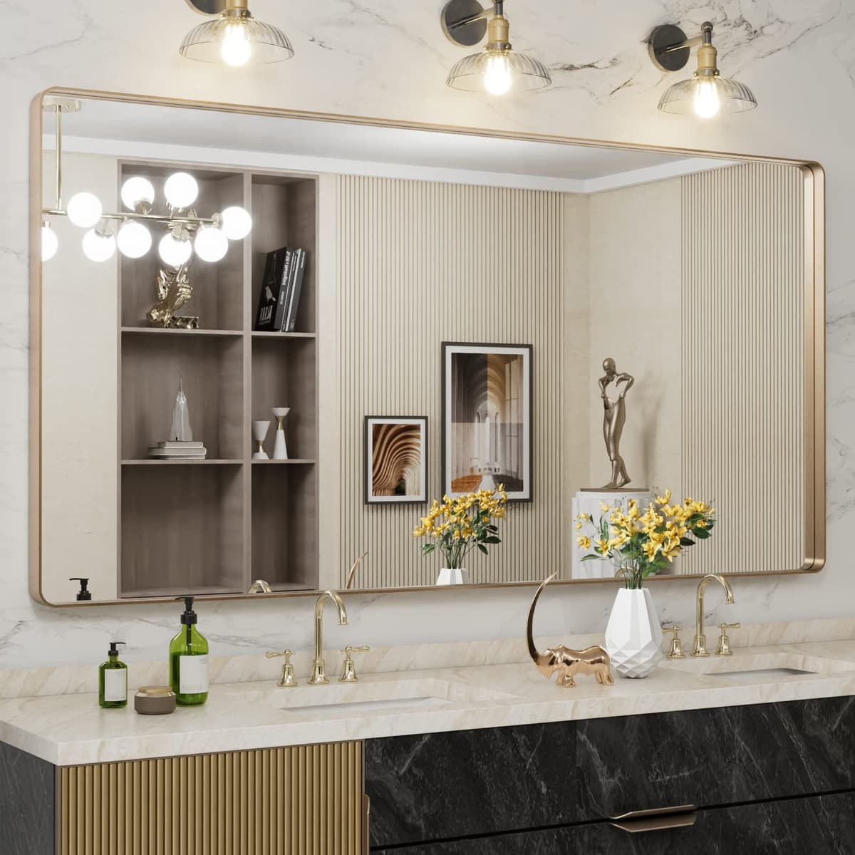 LOAAO 72”X36” Gold Bathroom Mirror, Rounded Rectangle Gold Frame Mirror, Brushed Gold Bathroom Vanity Mirror Wall-Mounted, Anti-Rust, Tempered Glass, Hangs Horizontally or Vertically — view 7