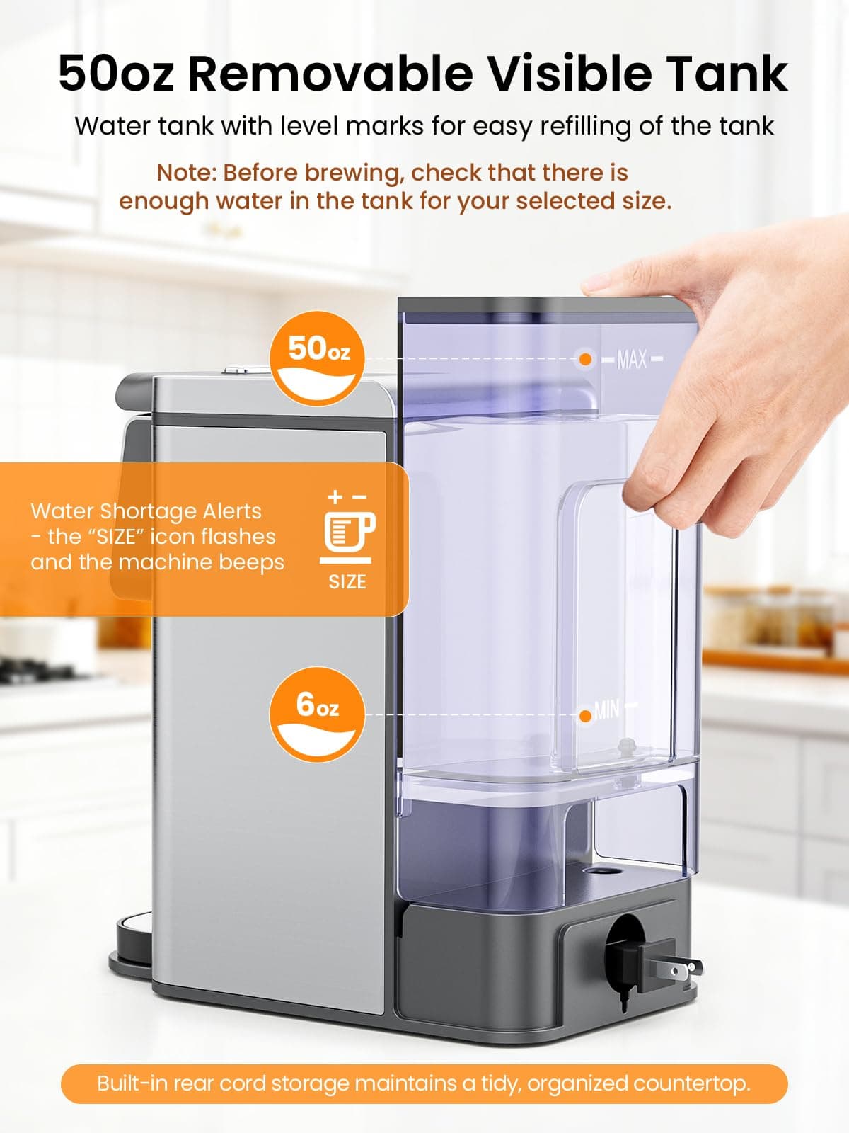 Karosie K Cup Coffee Maker, Hot & Iced Coffee Maker for K Cup and Grounds, 6-14 Oz Brew Sizes, 50oz Removable Tank, Single Cup Coffee Maker with Descaling Reminder, Stainless Steel, Black — view 7