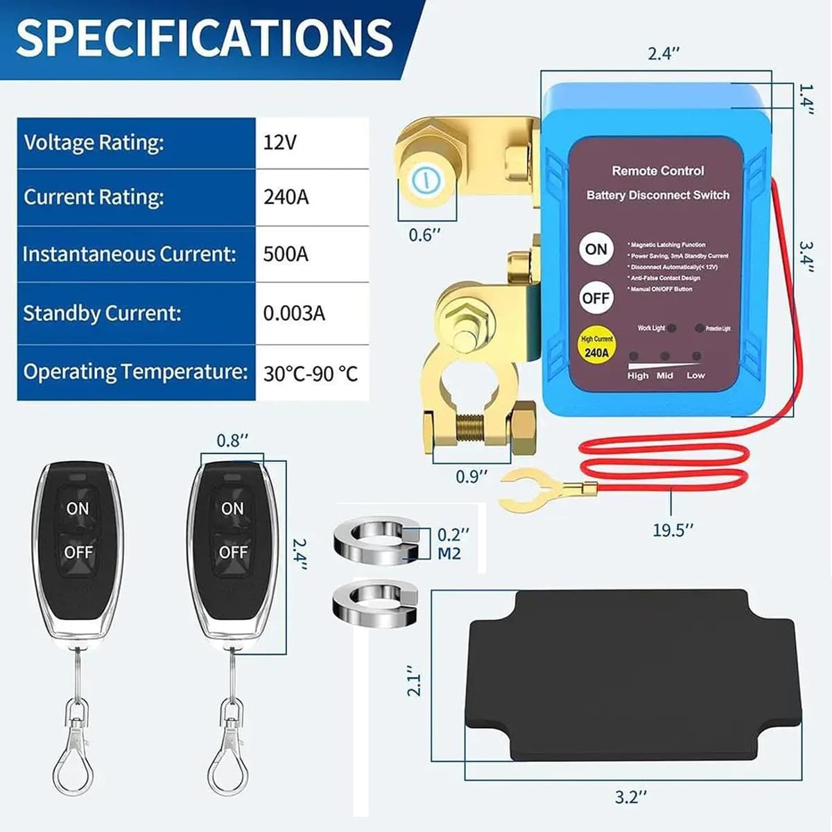 AULESSE Car Battery Disconnector, 12V 240A Short Current Car Battery, Remote Battery Disconnect Switch with 2 Remote Control, — view 5