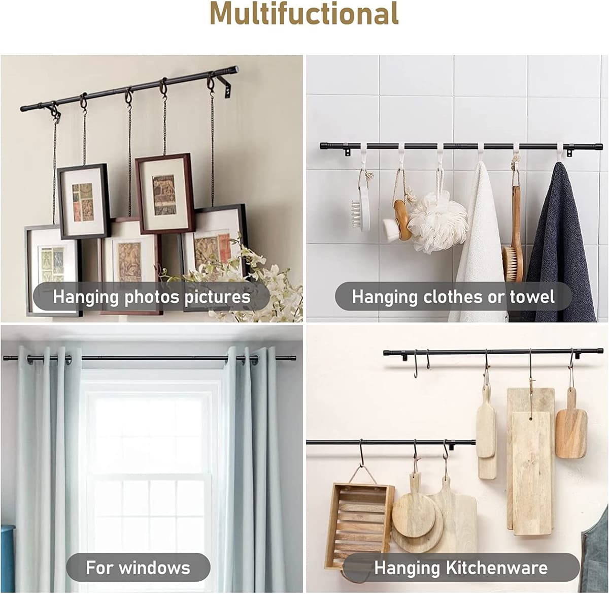 Barra de Cortina, 76-308cm Barra para Cortinas Extensible con Soportes, 16 mm de Diámetro Barra de Cortina Juego Ajustable de Herrajes de Acero Inoxidable Decorativa para Dormitorio/Plata — view 7