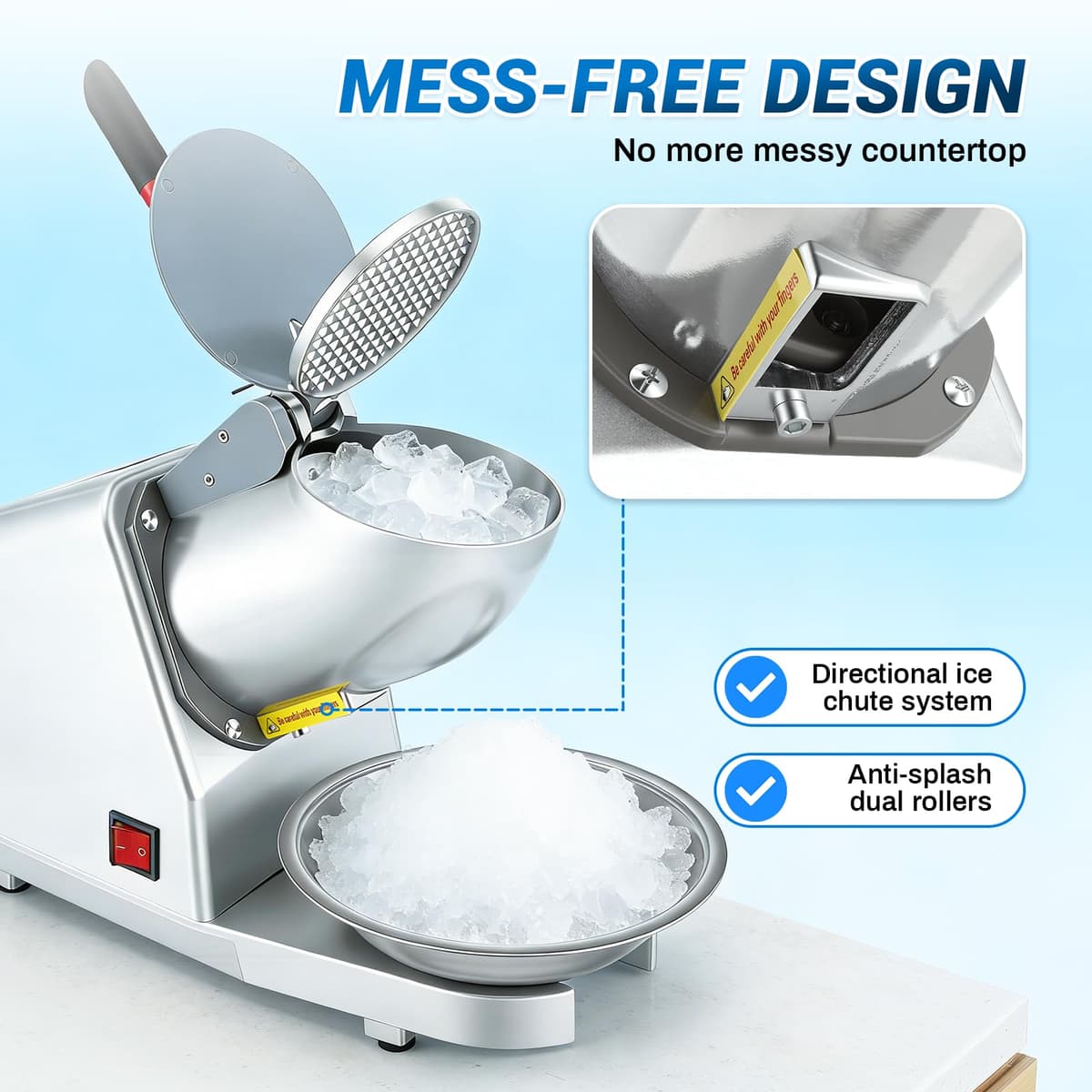 Picadora de Hielo Eléctrica Capacidad de 85 kg/h, Máquina de Hielo Picado con 2 Cuchillas, en Acero Inoxidable, 2200 RPM, para bebidas frías, batidos, para Bares, Restaurantes, Supermercados, Plateado — view 2