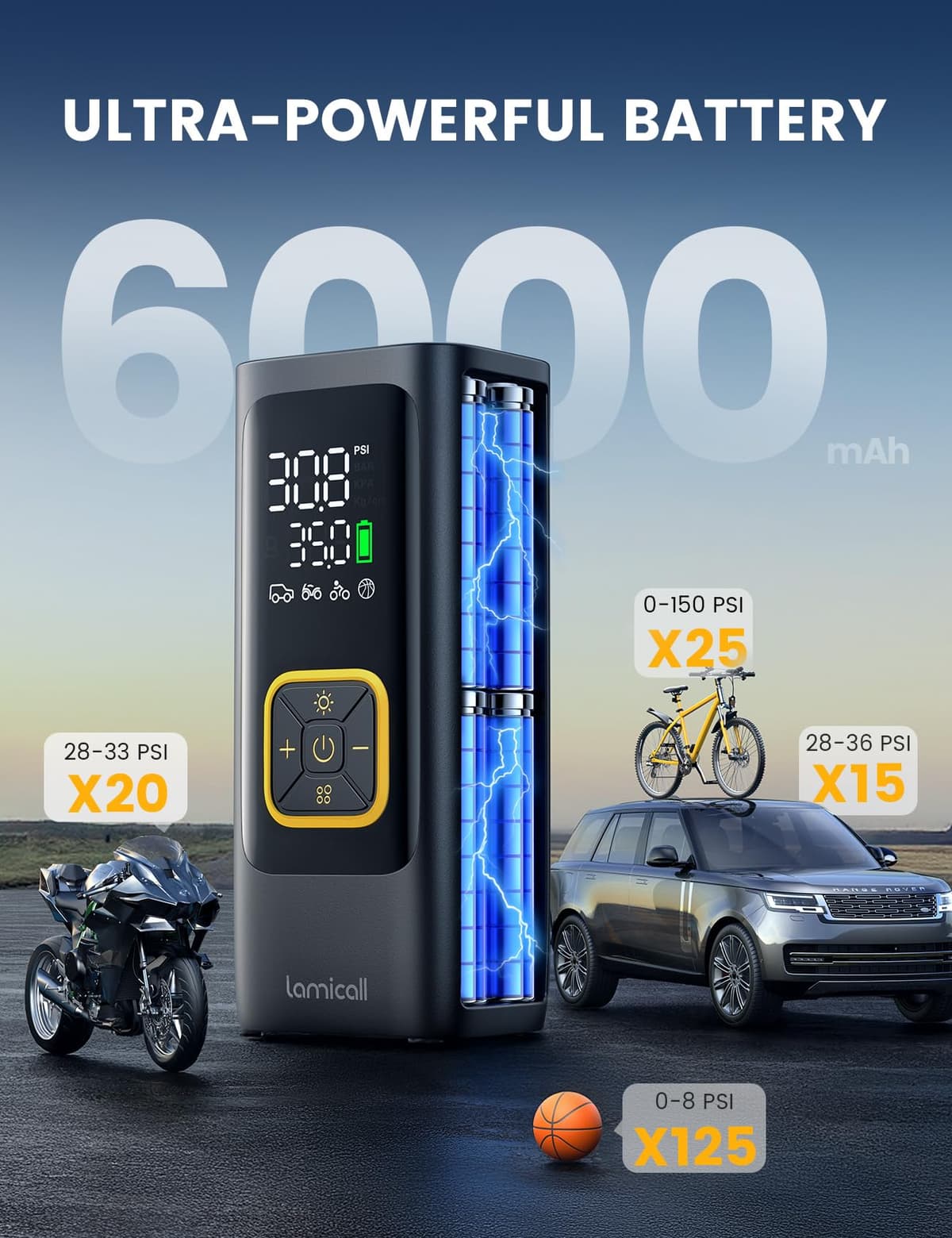 Lamicall Tyre Inflator Cordless Compressor - [6000mAh High-Capacity Battery] 150PSI Electric Air Pump with Digital Pressure Gauge & Auto Shutoff, Portable Pump with LED Light for Car Bike Motorcycle — view 4