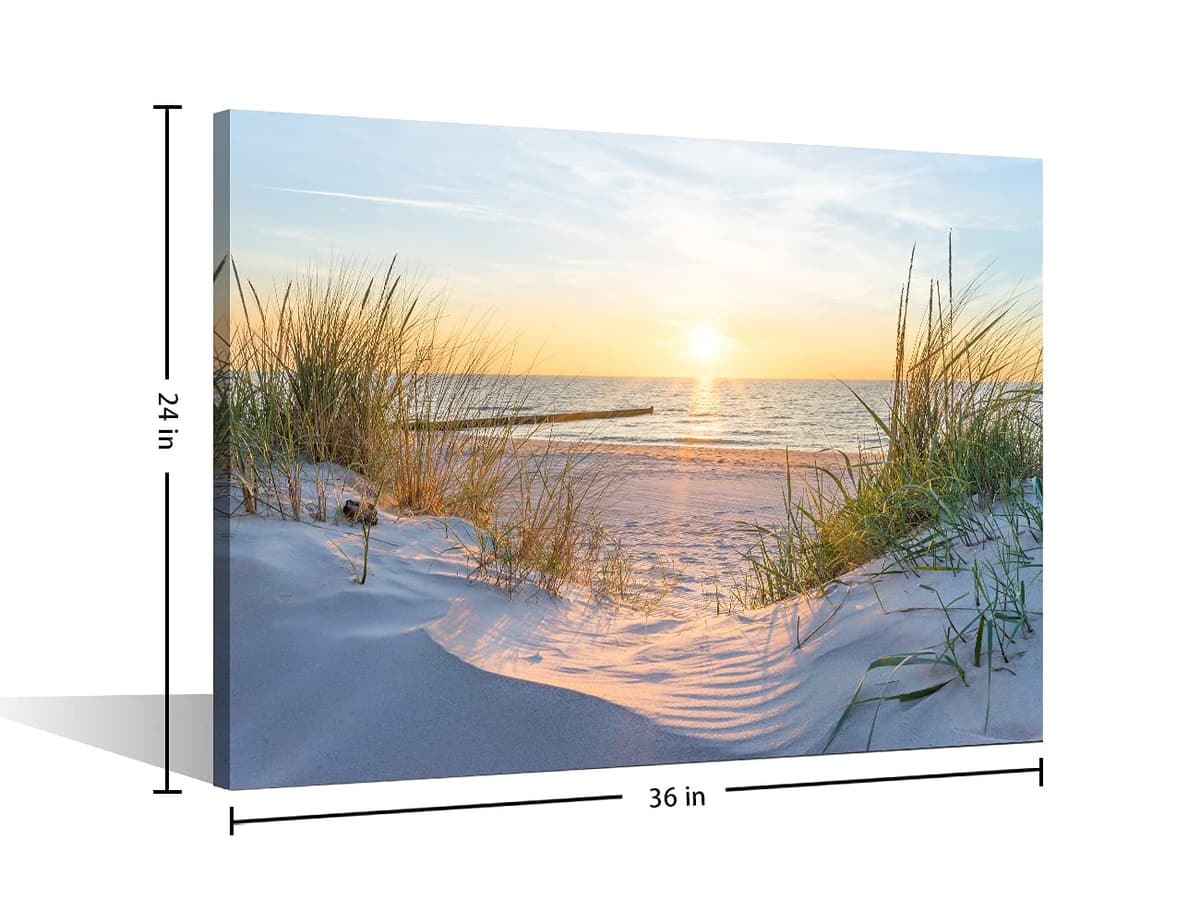 TISHIRON Wall Art Sandy Beach Sunrise Pictures Painting on Canvas Wall Art Modern Framed Seaside Canvas Prints Ready To Hang(36X24in) — view 2