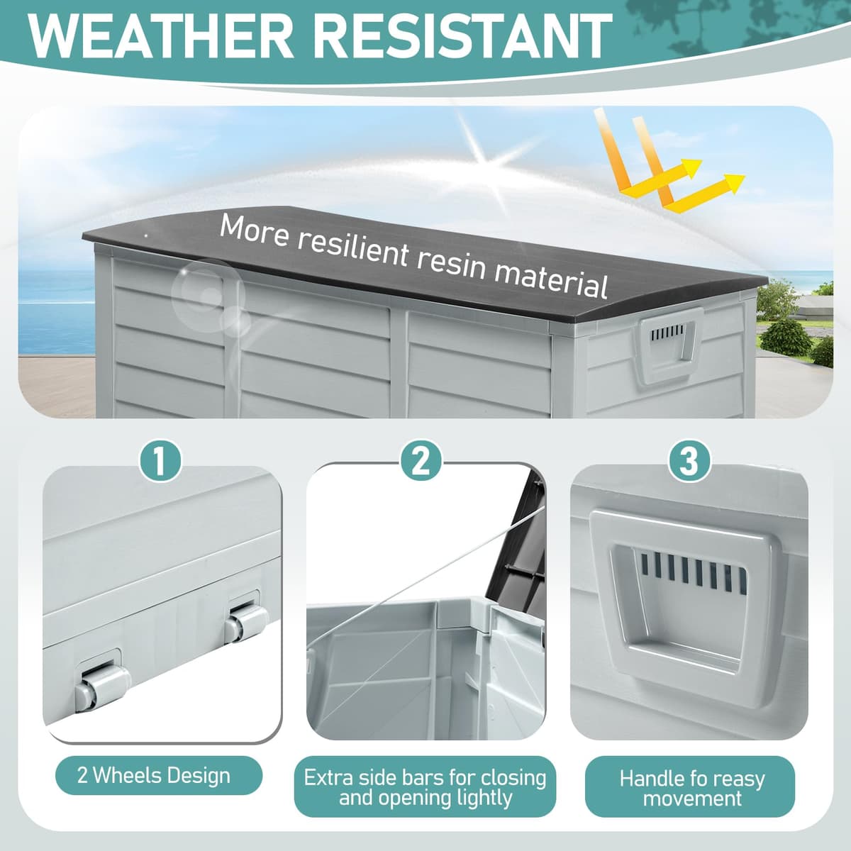 Foldable Garden Storage Box, 280L Outdoor Plastic Utility Chest Organiser with Strapped Lid, Weather Resistant, Portable, Ideal for Garden, Patio, Balcony, Decking, Grey&Black — view 4