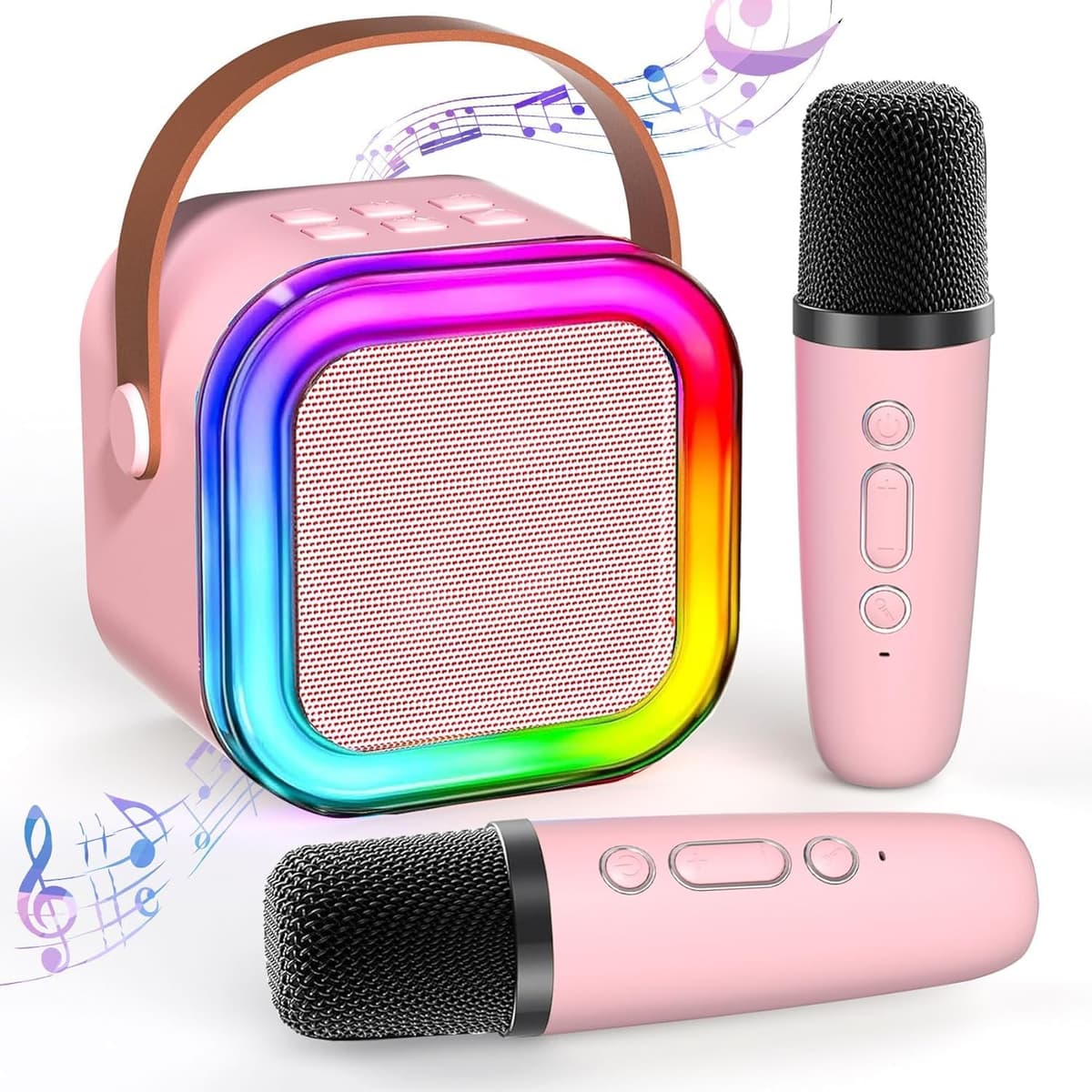 TAEMVV Mini Karaoke Machine for Kids,Portable BT Speaker with 2 Wireless Microphones and LED Light Holiday Birthday Gift Toy for Boys and Girls Teens Over 4,5,6,7,8,9,10,11,12+ Years Old（Pink）