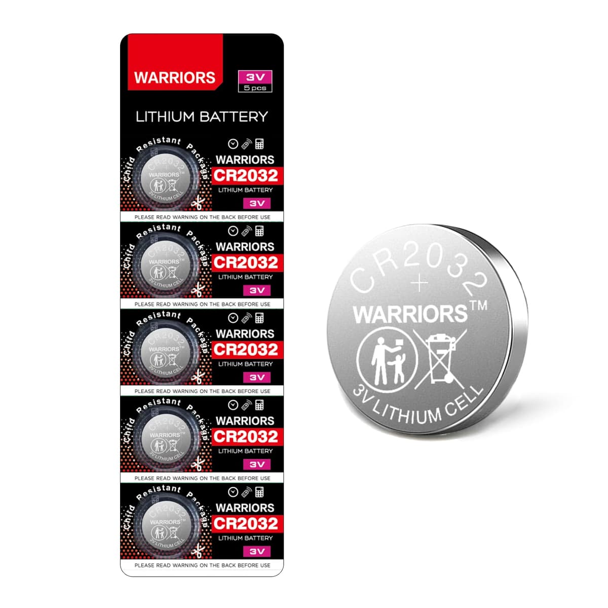 Warriors 20X CR2032 2032 Pilas de Litio de 3V Tipo Botón, Empaque Seguro para Niños, para Dispositivos Electrónicos y Llaves de Coche — view 7