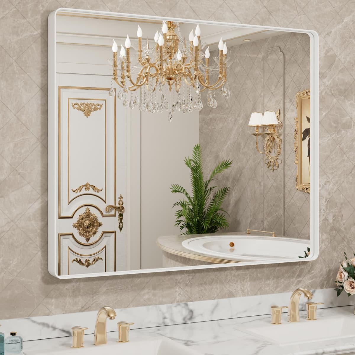 LOAAO 48”X36” Gold Bathroom Mirror, Rounded Rectangle Gold Frame Mirror, Brushed Gold Bathroom Vanity Mirror Wall-Mounted, Anti-Rust, Tempered Glass, Hangs Horizontally or Vertically — view 61