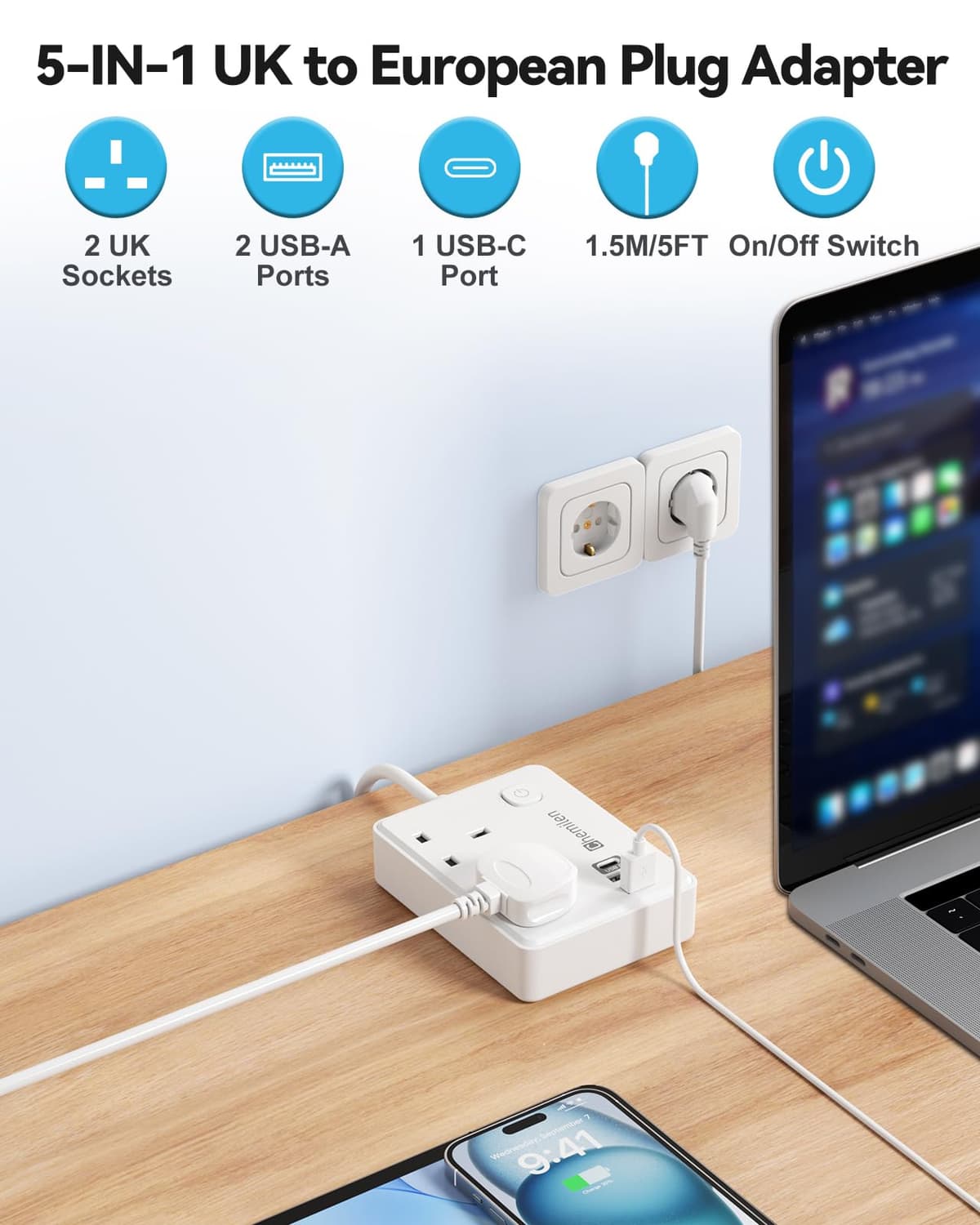 UK to European Plug Adapter 2 UK Outlets & 3 USB Ports, European Plug Adapter with 1.5M Extension Cable for Germany, France, Spain, Turkey, Egypt, Greece, Portugal and More(Type E/F) — view 2