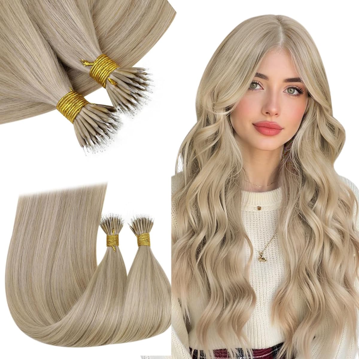 RUNATURE 18 Inch Nano Beads Hair Extensions Real Human Hair Ice Blonde Nano Hair Extensions Real Human Hair White Blonde Invisible Nano Rings Straight Remy Hair 50g 50s #800 — view 31