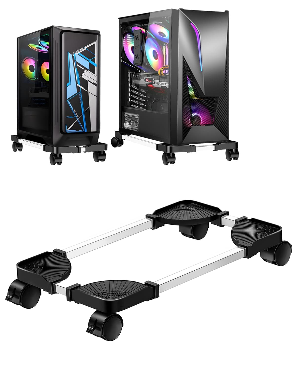 CPU Stand for PC Computer Case Holder Bracket Desktop Mainframe Rack with Brake with 4 Caster Wheels(Black)