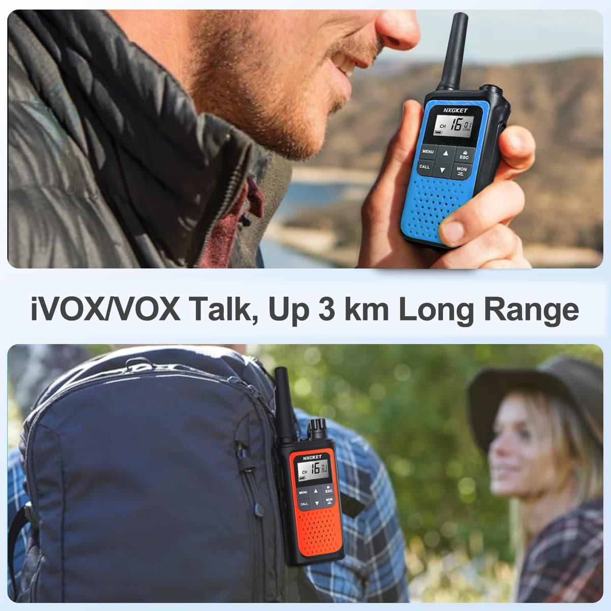 NXGKET Walkie Talkies for Adults Long Range,3Pcs PMR446 Rechargeable walkie talkie w/Built-In Batteries,16 Channels Radios with USB Type-C Cable,VOX Hand-free Auto Squelch for Outdoor Camping Hiking — view 4
