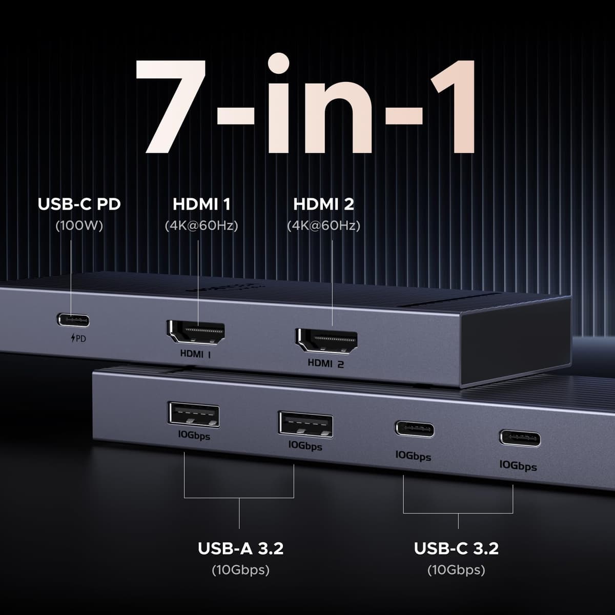 UGREEN Laptop Docking Station Dual Monitor, Revodok Pro 7-in-1 USB C Hub, Dual 4K@60Hz with 2 HDMI, 4x 10Gbps USB-A/C Data Ports, 100W PD, Aluminum USB-C Dock for Dell, HP, Thinkpad Laptops and More — view 2