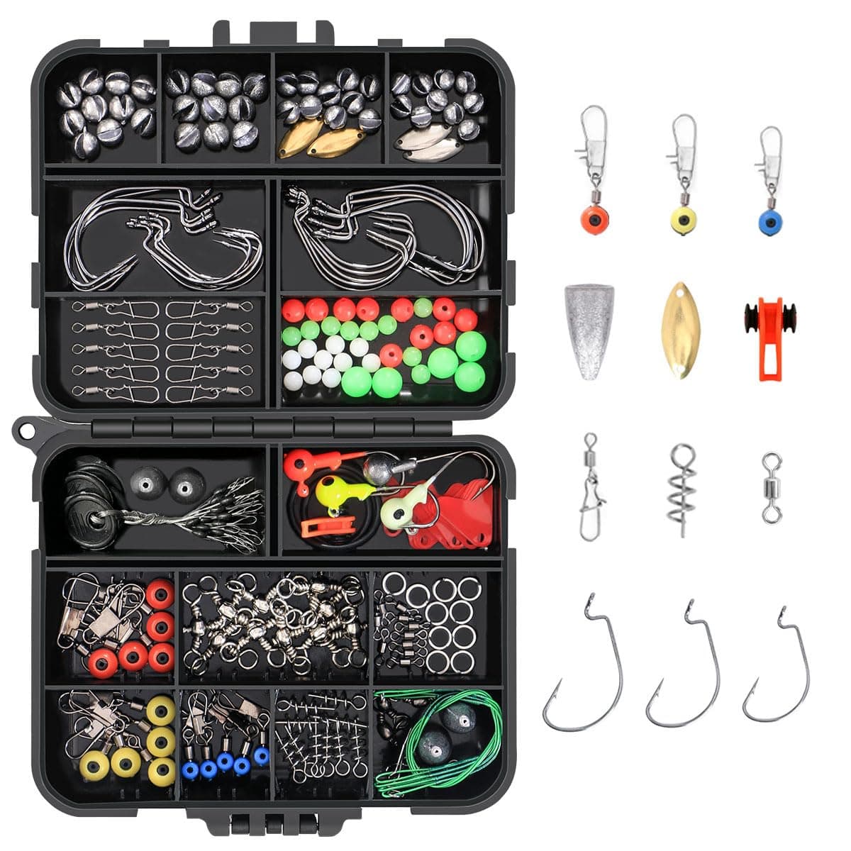 Vicloon Anzuelos de Pesca,Accesorios de Pesca con Caja de Pesca, Incluye Pesas de Plomada, Emerillones e Imperdibles, Diapositivas de Plomada, Anzuelos, Kit de Caja de Aparejos de Pesca