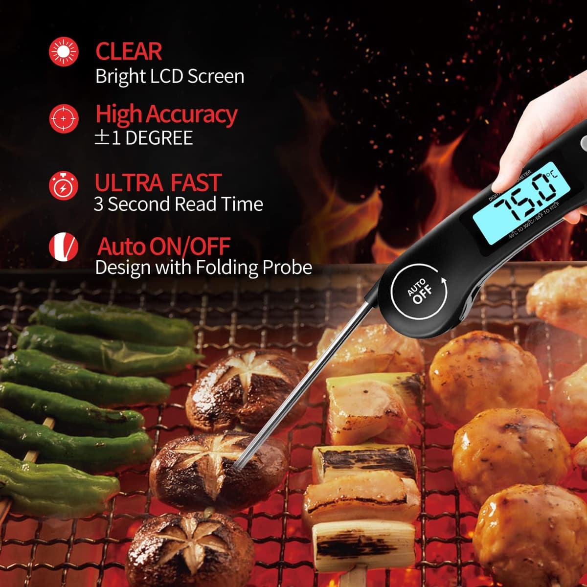 DOQAUS Meat Thermometer, 3s Instant Read Food Thermometer-Backlit LCD, Foldable Probe, Auto On/Off, ±1℃ Accuracy, Food Probe for BBQ Grill, Kitchen Cooking, Milk, Black — view 3