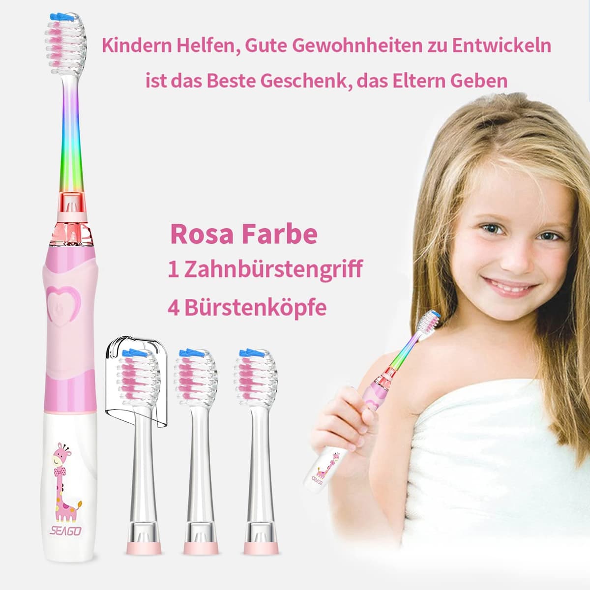 Seago Cepillo de Dientes Infantil Eléctrico Para Niños 3–12 Años Kids Con Luz de Colores,Temporizador Inteligente de 2 minutos,4 Cabezales Suaves SG-EK6/SG-977 (Rosa) — view 8