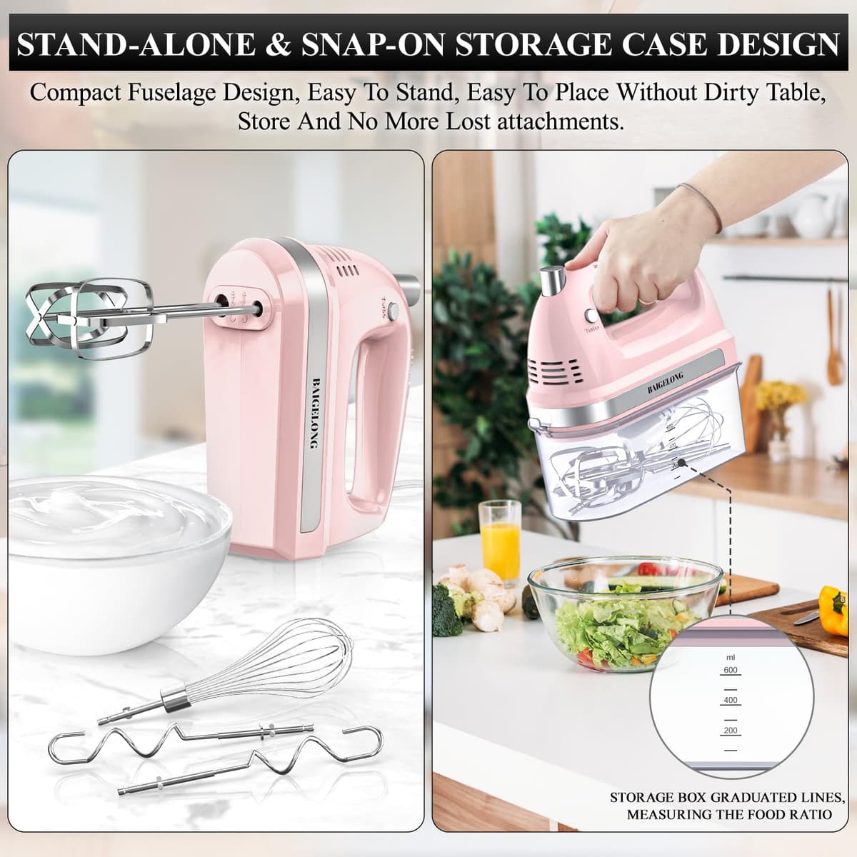 BAIGELONG Hand Electric Mixer, 300W Ultra Power Food Kitchen Mixer with 5 Self-Control Speeds + Turbo Boost, 5 Stainless Steel Attachments Handheld Blender for Baking, PINK — view 4