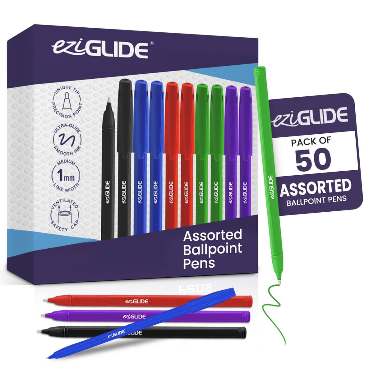 Eziglide 10-Pack Ballpoint Purple Pen Set - Medium Point 1.0mm for Effortless Writing & Comfortable Grip - Ball Point Pens Ideal for School, Exams, Home or Work Stationery Supplies — view 29