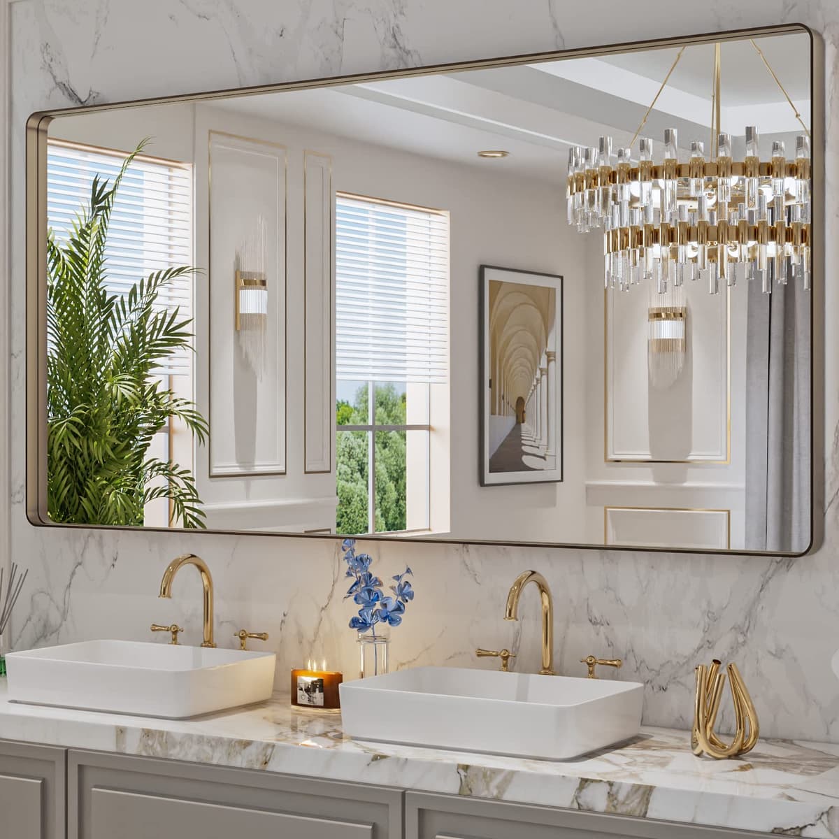 LOAAO 48”X36” Gold Bathroom Mirror, Rounded Rectangle Gold Frame Mirror, Brushed Gold Bathroom Vanity Mirror Wall-Mounted, Anti-Rust, Tempered Glass, Hangs Horizontally or Vertically — view 87