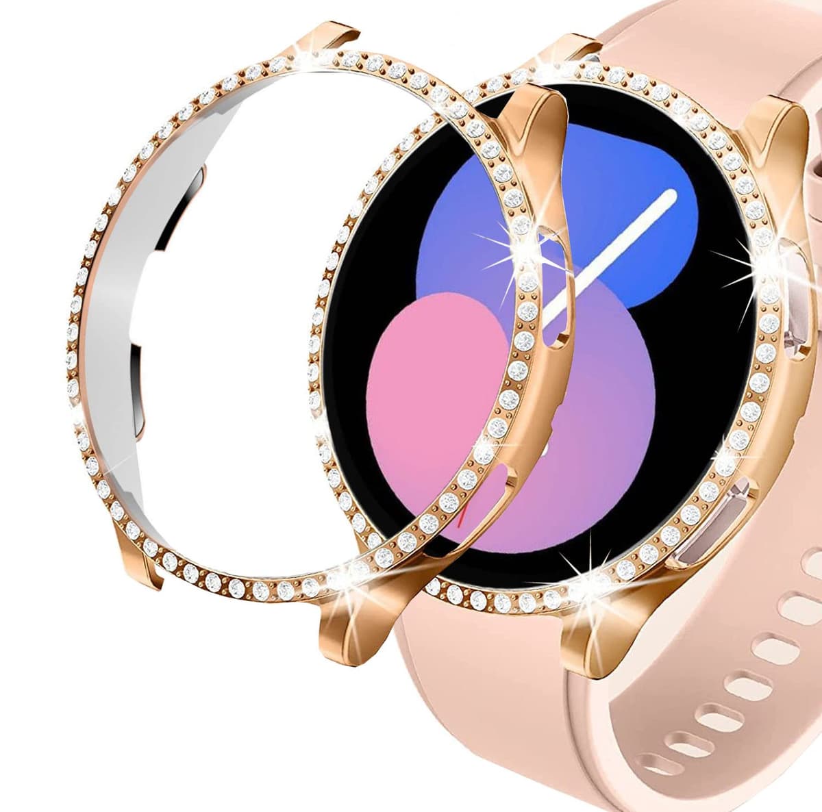 DEALELE [2-PACK] Case Compatible with Samsung Galaxy Watch FE / 5/4 40mm, Bling Double-row Diamond PC Protective Case Protector Cover, 40mm, Rose gold + Transparent — view 65