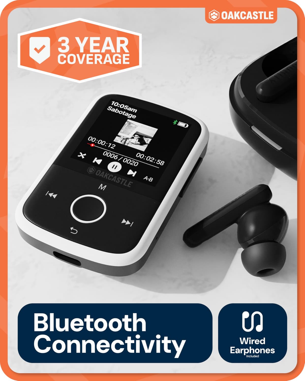 Reproductor MP3 Bluetooth con Clip Deportivo | Auriculares incluidos | Memoria de 16GB, Ampliable a 128GB | Pantalla HD a Color, 34h de batería | SD y USB-C | Reproductor MP3 Oakcastle MP250 — view 2