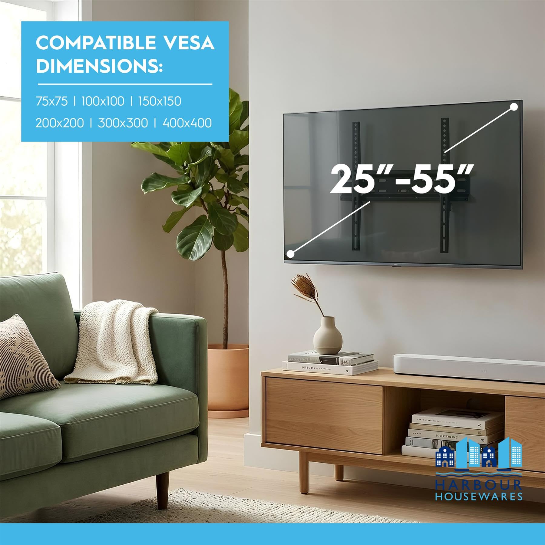Harbour Housewares Slimline TV Wall Bracket 25-55" – Ultra-Slim Fixed/Flat Mount, VESA 75x75-400x400, Supports Up to 35kg, Black Steel, Space-Saving Home Cinema — view 3